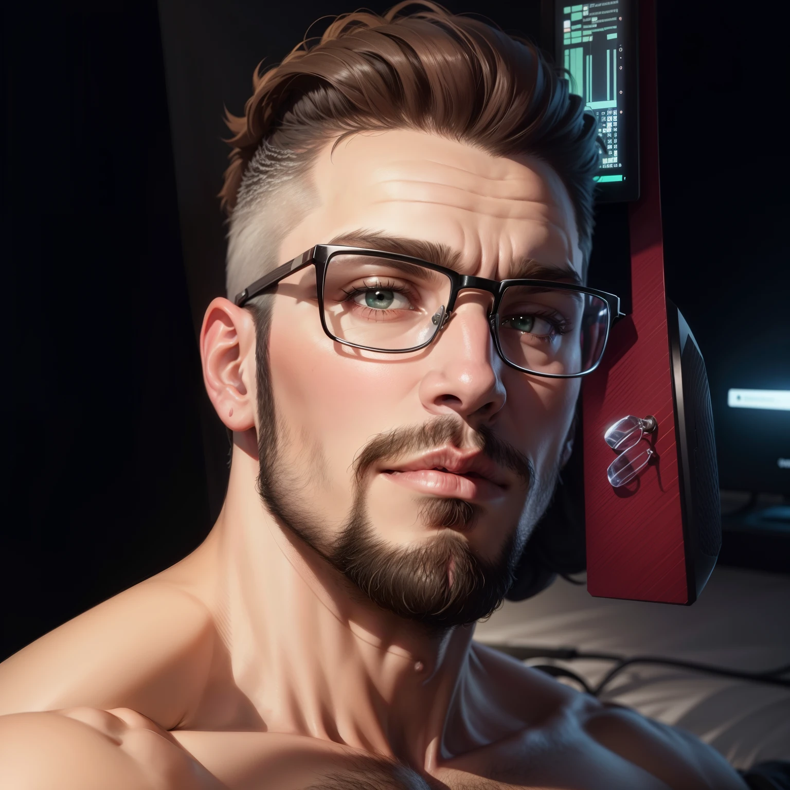 There's a man with glasses and a beard sitting on a bed, neck beard, profile picture with headshot, taken at the beginning of 2020, with nerdy glasses and a goatee, half body head shot, 23 anos, young jewish man with glasses, mid shot of a handsome guy, 28 anos de idade, Serpentina do Twitch / jogador Ludwig