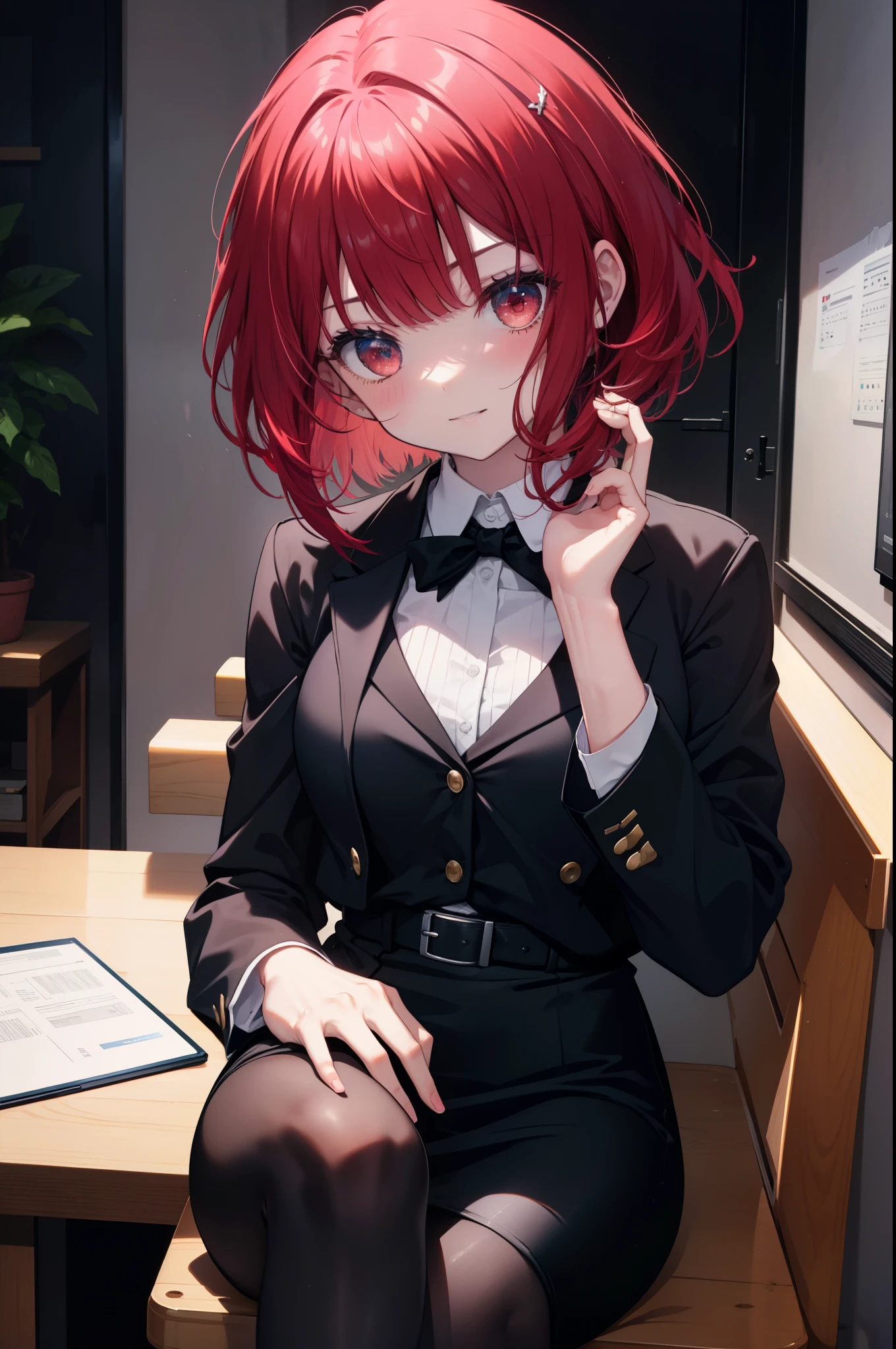 canary, when he plows, (red eyes:1.5), redhead, long hair,short braided hair,
black suit jacket, collared jacket, white dress shirt, collared shirt, neckline, button, strap, ID card on neck, black pencil skirt, black pantyhose,stiletto heels smile, blush, looking at the viewer, Charm, Mechanical,There is a computer on the table,sitting cross-legged on a chair, interior,touch typing ,
break looking at viewer,
break indoors, office,
break (masterpiece:1.2), highest quality, High resolution, unity 8k wallpaper, (figure:0.8), (detailed and beautiful eyes:1.6), highly detailed face, perfect lighting, Very detailed CG, (perfect hands, perfect anatomy),