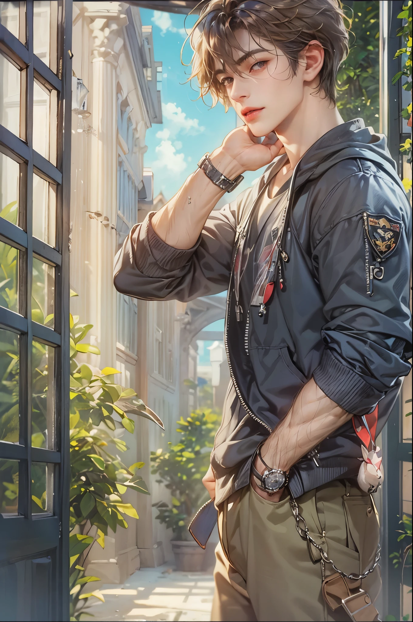 ((Best quality)), ((masterpiece)), (detailed), ((perfect face)), ((halfbody)) handsome face, male, teen boy,  perfect proportions , a character from anime gate keepers , casual outfit, detailed school interior scenery background 
