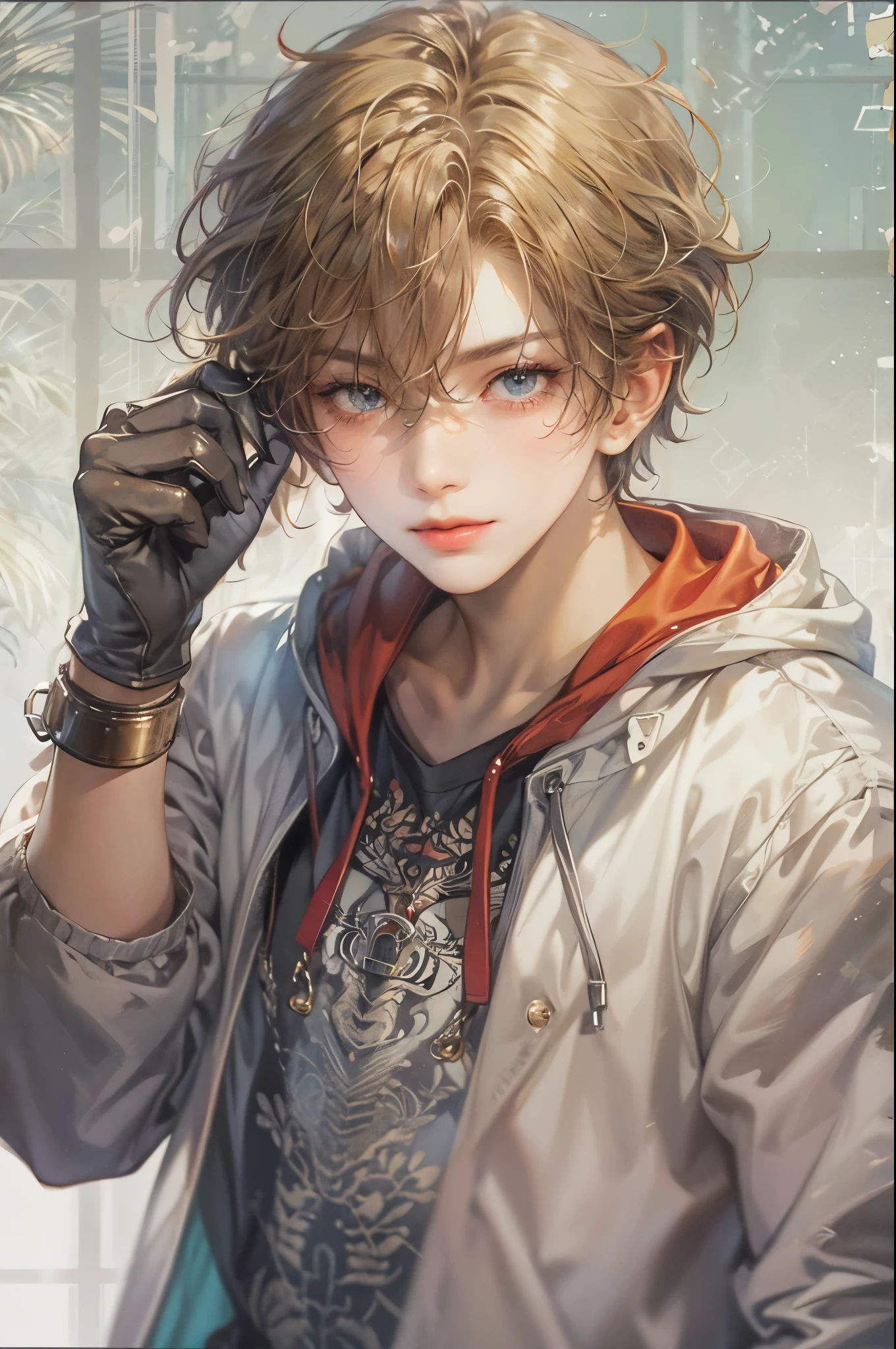 ((Best quality)), ((masterpiece)), (detailed), ((perfect face)), ((halfbody)) handsome face, male, boy, perfect proportions , a character from anime gate keepers , casual outfit, detailed school interior scenery background