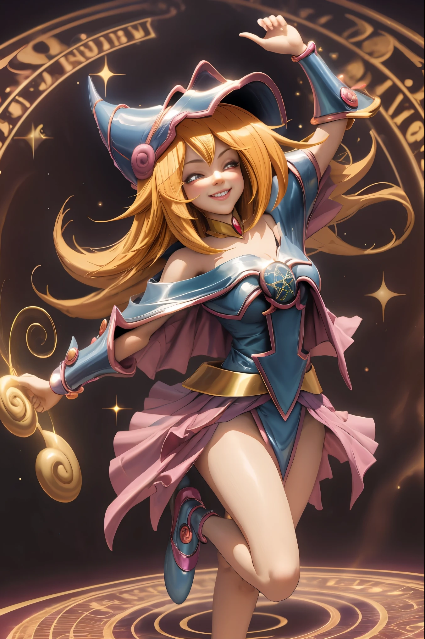 Dark magician gils en el aire, she comes out of a magic circle of the heart. Magic hearts background. Sonrisa en sus labios. Ojos celestes. Cabello dorado. Pose sensual. Levitando en una pie.