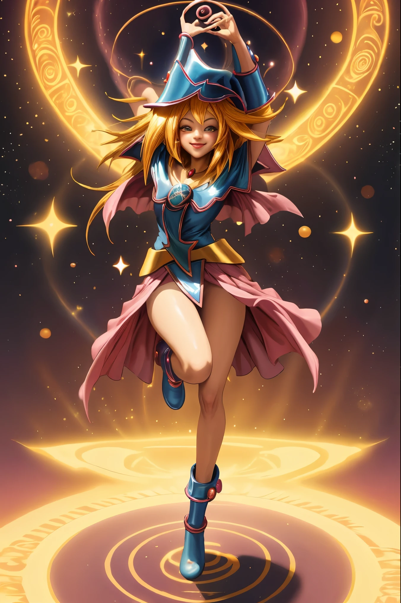 Dark magician gils en el aire, she comes out of a magic circle of the heart. Magic hearts background. Sonrisa en sus labios. Ojos celestes. Cabello dorado. Pose sensual. Levitando en una pie.