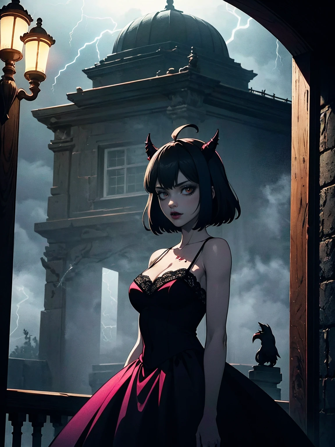 (masterpiece, best quality), intricate details, 1girl, solo, Nero, black hair, short hair, ahoge, red eyes, horns, outdoors, tank top dress, black dress, cleavage, expressionless, looking at viewer,, ((close, solo, 1woman, pink lipstick, Extremely detailed, ambient soft lighting, 4k, perfect eyes, a perfect face, perfect lighting, a 1girl)), (werewolf, werewolf, guardian, protector, highest quality, masterpiece:1.2), High-definition RAW color photo, Professional, cinematic light, gothic aesthetics, horror, eerie atmosphere, dark shadow, unforgettably beautiful, creepy landscape, gothic architecture, eerie atmosphere, decaying ruins, foggy fog, dramatic lighting, dark color, creepy details, (beautiful woman, Flowing Black Dress, haunted house, cute presence, gothic fashion, lace and velvet, dark red dress and vclack), eerie storm clouds, Moonlight night, supernatural being, eerie shadow, gothic charm, romantic rose in a dark corner, Bright red roses, creeping vine, dripping candle, Secret Whispers、delicate carvings, Ancient curses, thunder and lightning, creepy fog and crows, medieval atmosphere, spiderweb, gorgeous chandelier、Gargoyle - decorated roof, bleeding statue, sublime beauty, gothic aesthetic