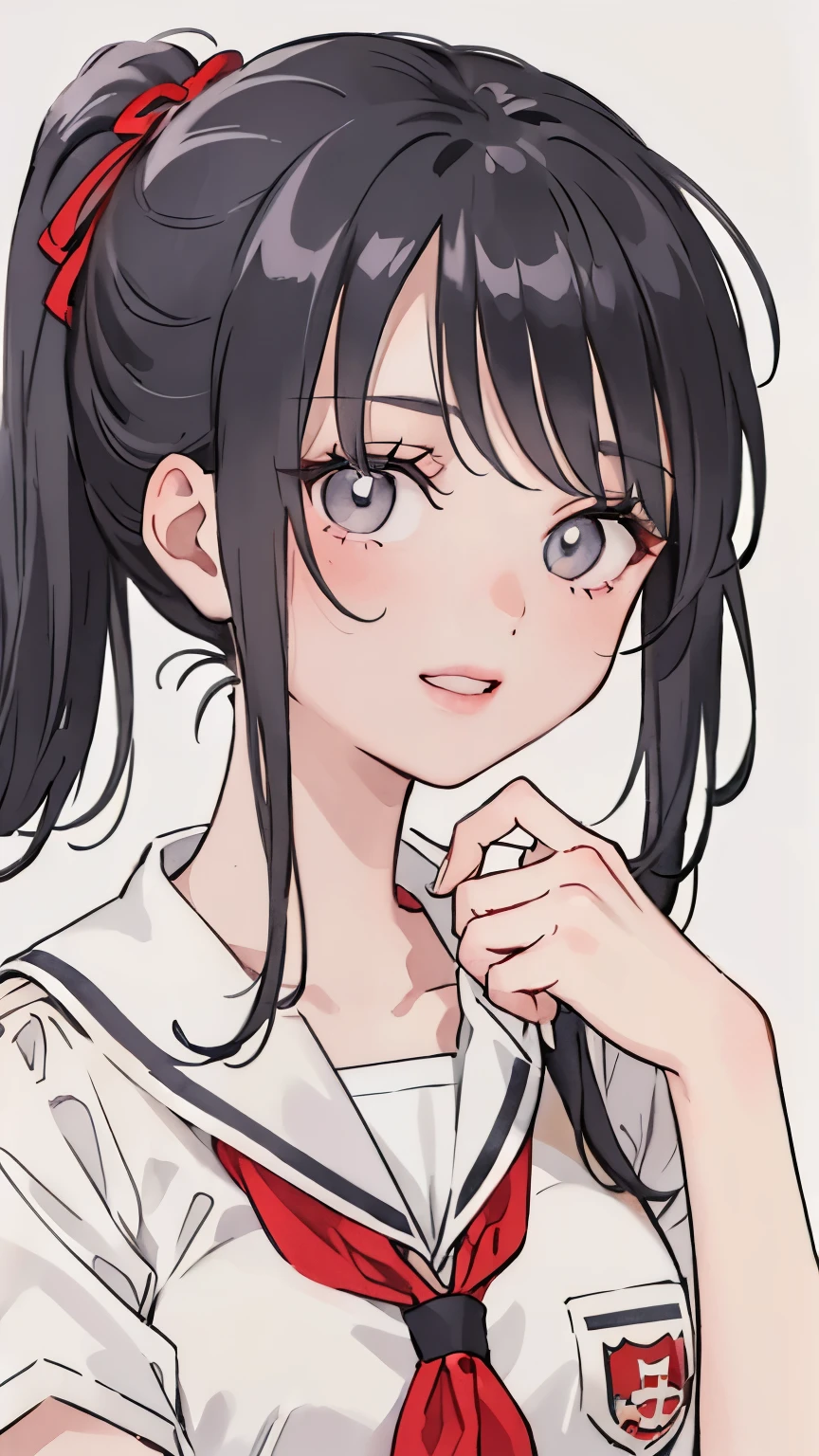 Highest resolution, detailed illustration, 1 girl, beautiful face, cute, white background, (watercolor: 1.2), 2D, upper body, long hair,straght hair,brunt bangs,ponytail, black hair,black eyes, impressive eyes, look here,smile,school uniform,pose