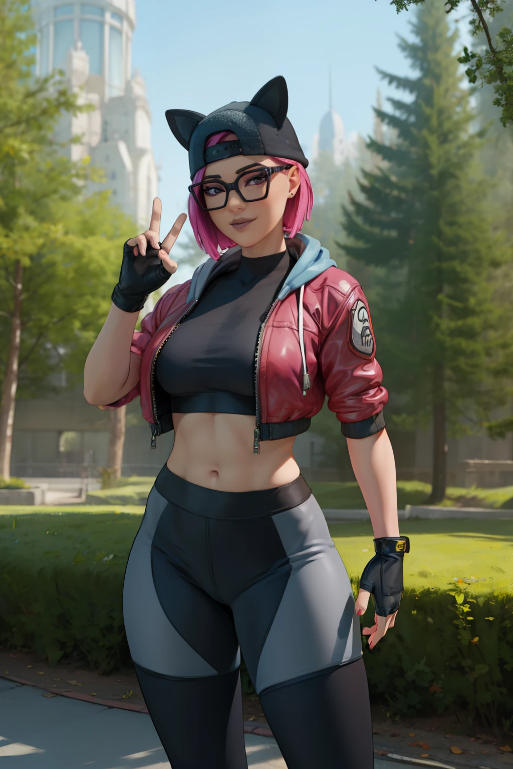 1 girl, (masterpiece), (best quality), standing, (solo), looking at viewer, high detailed,extremely detailed, fine eyes, smile,dynamic pose, short pink hair,cap,crop top, jacket,fingerless glove,curvy,forest,glasses,(gray leggings),(portrait:1.2),