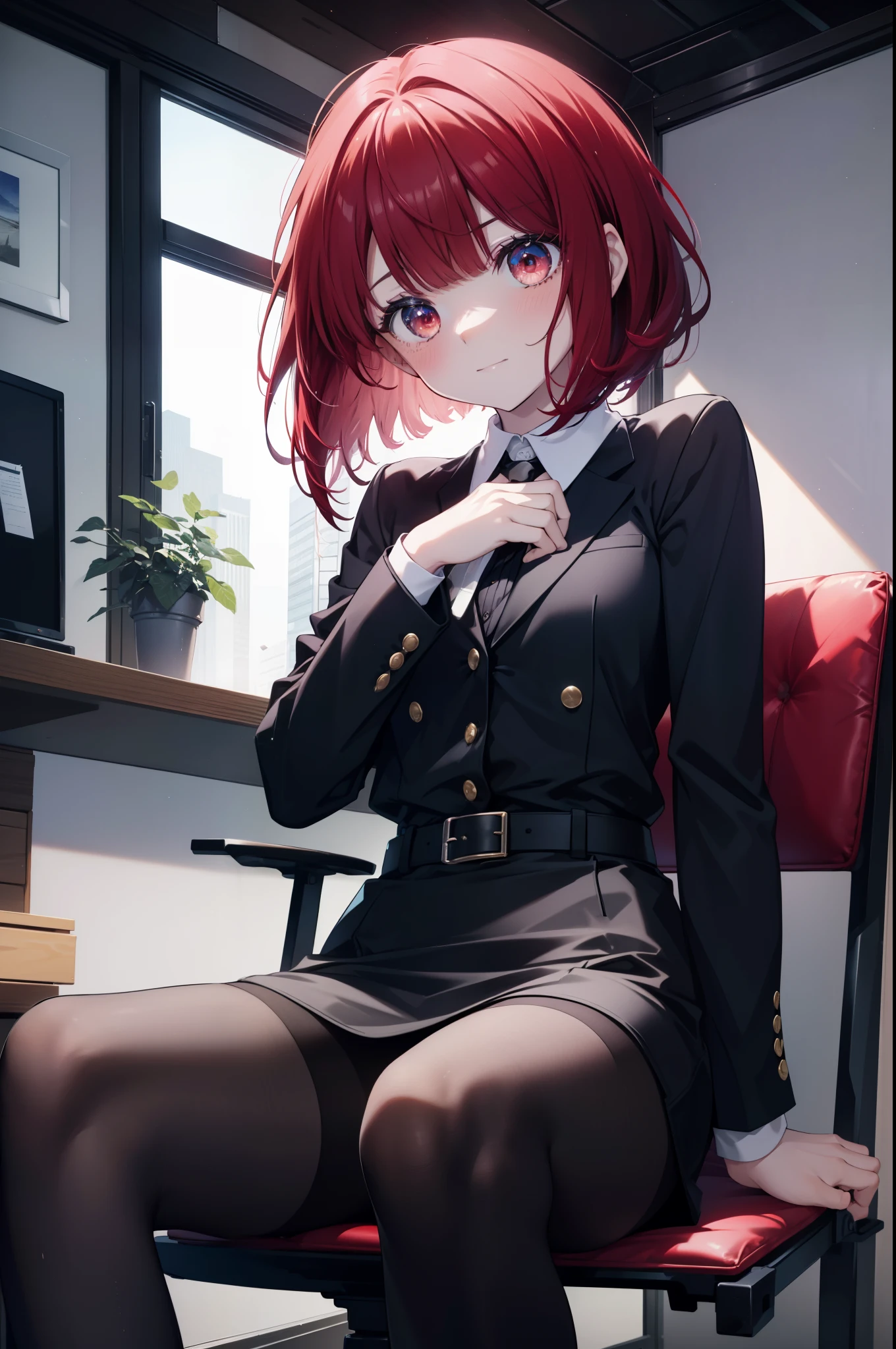 canary, when he plows, bob cut, (red eyes:1.5), redhead, long hair,
black suit jacket, collared jacket, white dress shirt, collared shirt, neckline, button, strap, ID card on neck, black pencil skirt, black pantyhose,stiletto heels smile, blush, looking at the viewer, Charm, Mechanical,There is a computer on the table,sitting cross-legged on a chair, interior,touch typing ,
break looking at viewer,
break indoors, office,
break (masterpiece:1.2), highest quality, High resolution, unity 8k wallpaper, (figure:0.8), (detailed and beautiful eyes:1.6), highly detailed face, perfect lighting, Very detailed CG, (perfect hands, perfect anatomy),