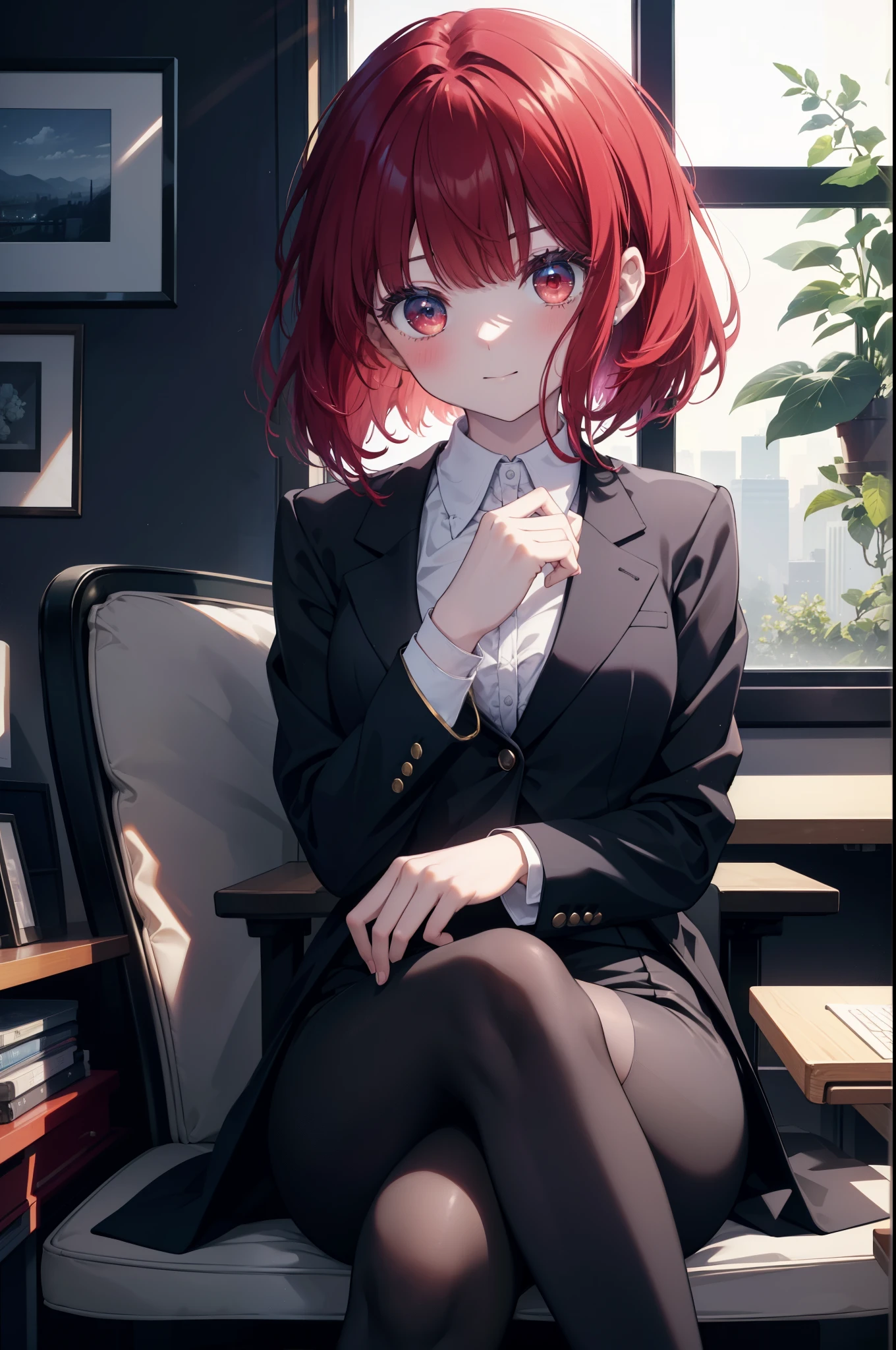 canary, when he plows, bob cut, (red eyes:1.5), redhead, long hair,
black suit jacket, collared jacket, white dress shirt, collared shirt, neckline, button, strap, ID card on neck, black pencil skirt, black pantyhose,stiletto heels smile, blush, looking at the viewer, Charm, Mechanical,There is a computer on the table,sitting cross-legged on a chair, interior,touch typing ,
break looking at viewer,
break indoors, office,
break (masterpiece:1.2), highest quality, High resolution, unity 8k wallpaper, (figure:0.8), (detailed and beautiful eyes:1.6), highly detailed face, perfect lighting, Very detailed CG, (perfect hands, perfect anatomy),