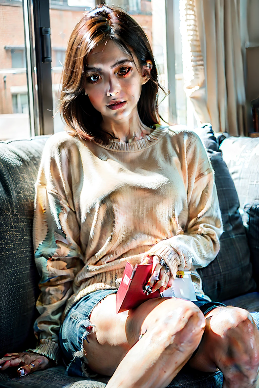 1 girl,spring knit,sit on the sofa and relax