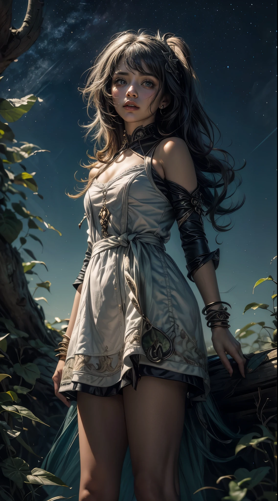 "((inocente)) garota, Hora dourada, prado sonhador, ethereal, caprichoso, flowing dress, luz solar suave, encantador, Asas de borboleta, (nuvens pastel), liquid reflections, 1 garota num lago congelado, nome, night and starry sky, Trees, flores, a garota usa uma jaqueta de couro vermelho, blusa preta e calsa marrom, foco no rosto dele, seus cabelo voa com o ventos, cabelos cacheados de tom escuro, ela olha para lua e as estrelas, parece triste, is accompanied by a frightening shadow, she is accompanied by monsters, 1 garota de cabelos escuros e cacheado