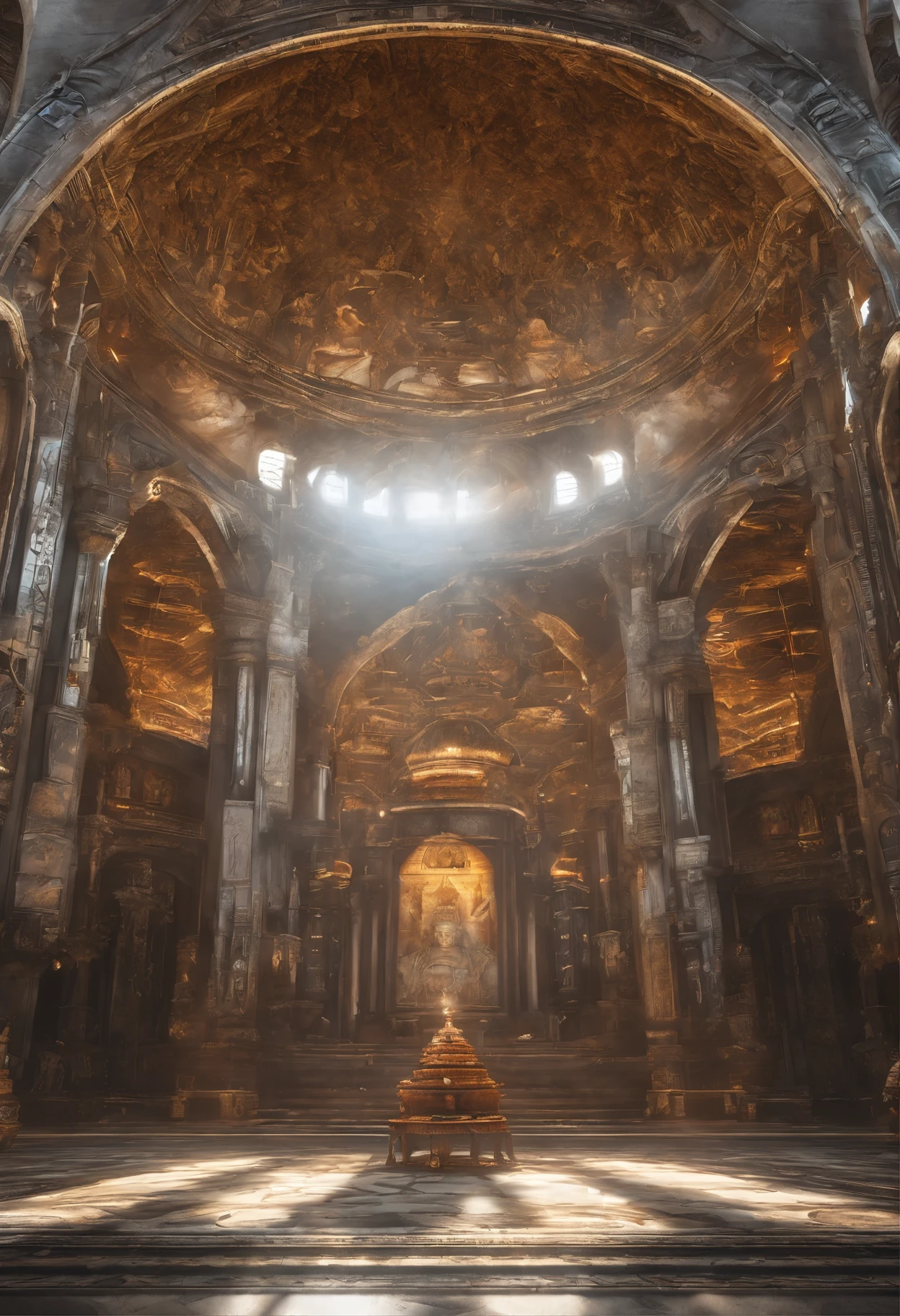 Tyndall's principles of light and shadow art，future buddha，temple，rotunda，Realistic hyper-detailed rendering，32k uhd，dark orange and light gold，Futuristic space escape，system art style，Symmetrical balance，spectacular backdrops，RTX technology，Augmented Reality，RTX VSR video super-resolution technology