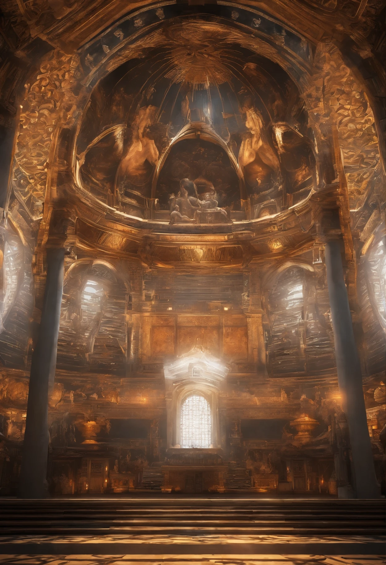 Tyndall's principles of light and shadow art,future buddha,temple,rotunda,Realistic hyper-detailed rendering,32k uhd,dark orange and light gold,Futuristic space escape,system art style,Symmetrical balance,spectacular backdrops,RTX technology,Augmented Reality,RTX VSR video super-resolution technology