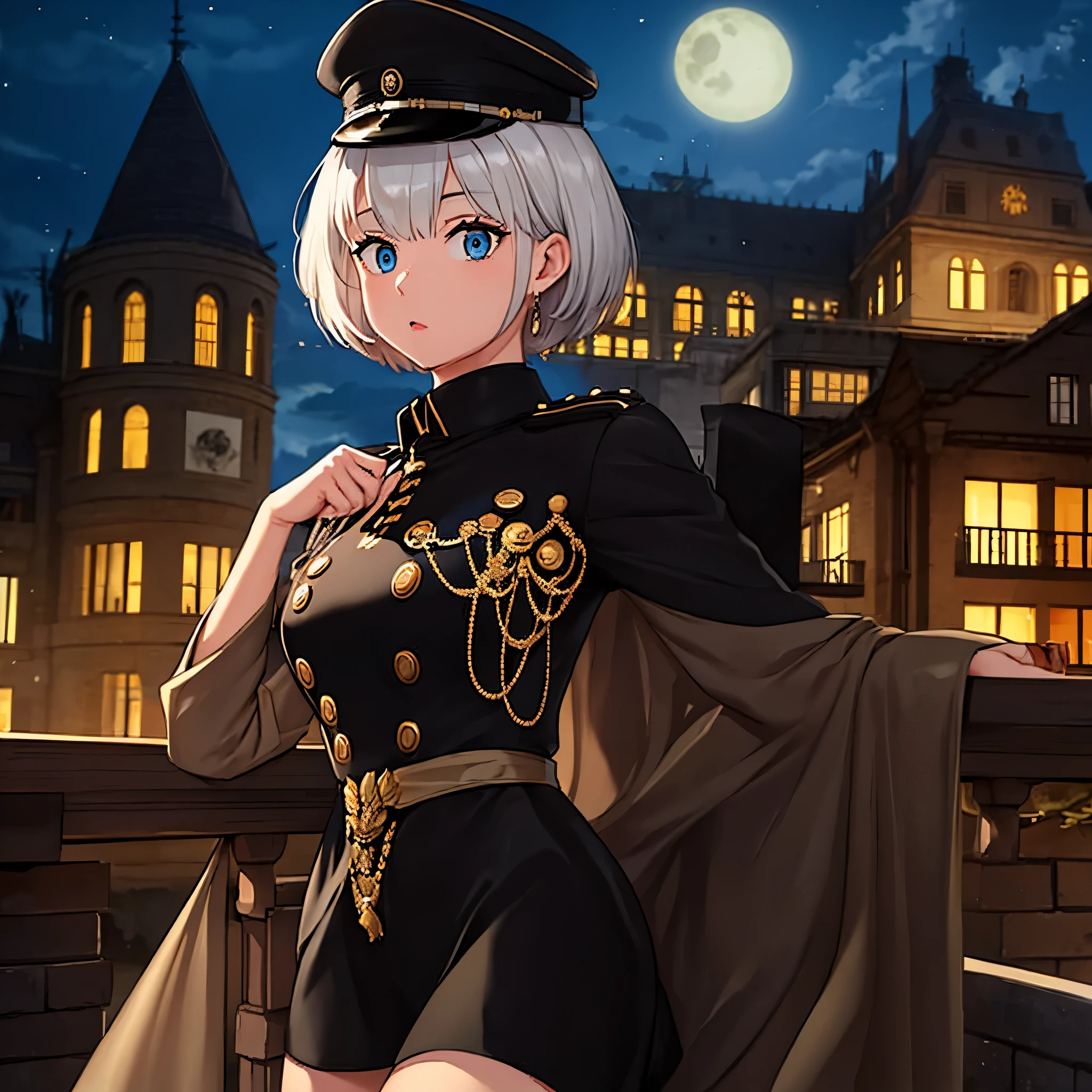 A girl wearing a Prussian military uniform, black with gold details, black military hat, silver hair, light blue eyes, outside a German castle at night.
