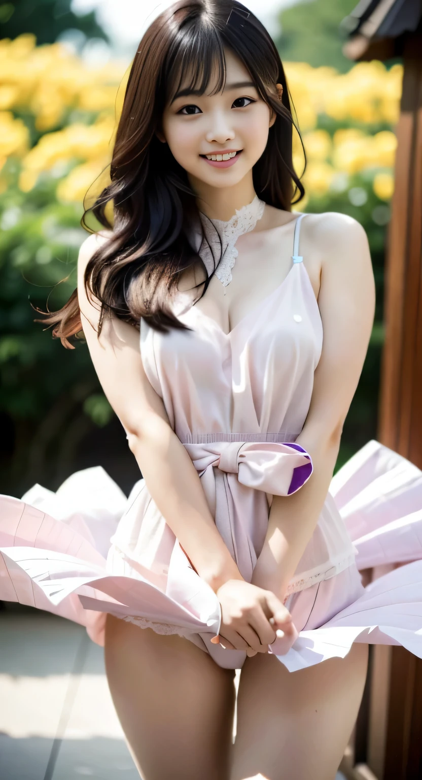 (highest quality、8k、32K、masterpiece、Hmm:1.2)、{{japanese woman:１８Year、(sad smile、blush:1.1)}}、look at the audience、(beautiful detailed dress skirt:1.2)、leg details、(spread your legs:0.9)、(lace panties:0.9)、(wind lift:1.6),[[above the knee shot]],,[outdoor stage]