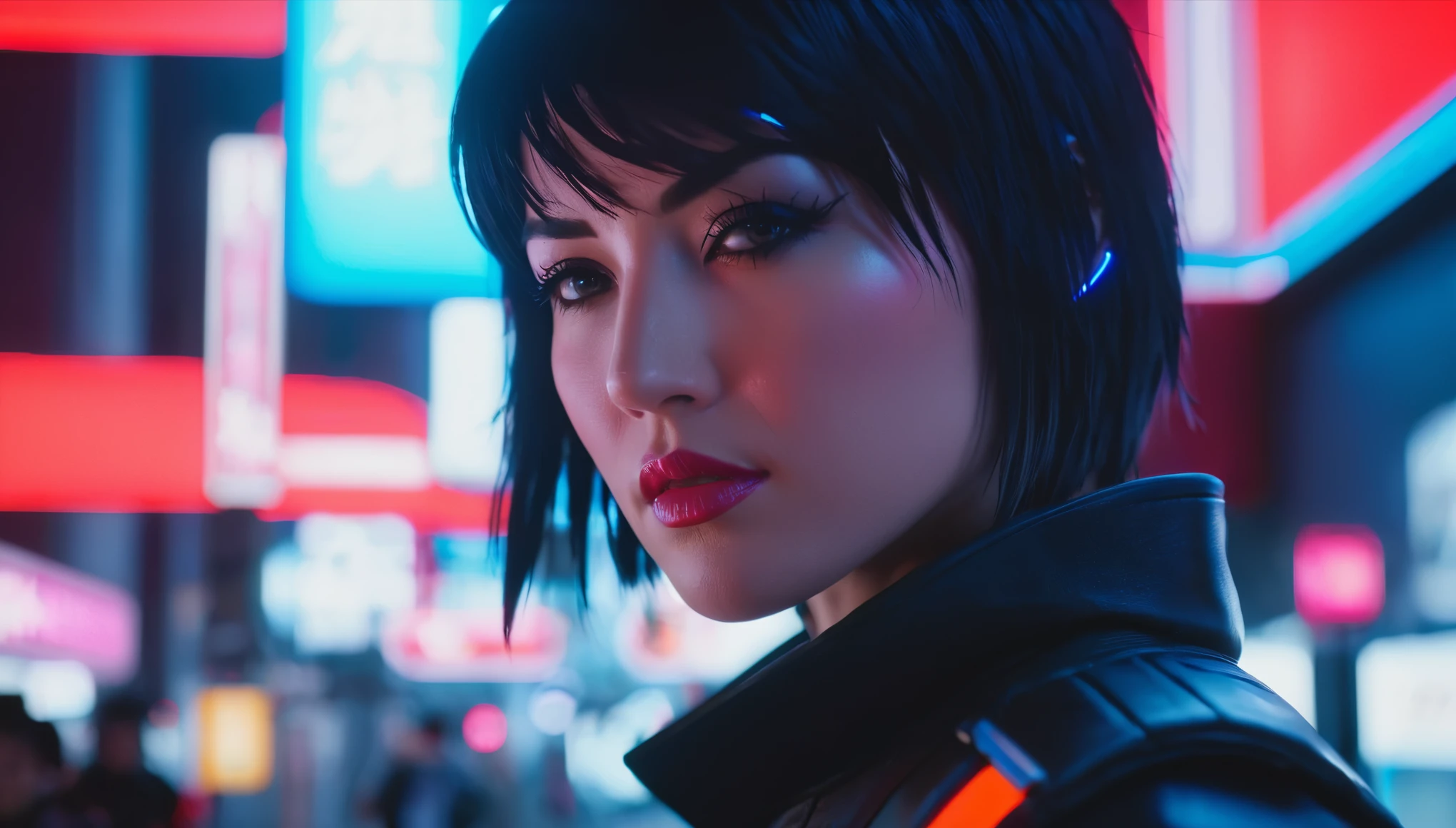 cinematic photo of a beautiful cyberpunk Mirror's Edge main character Faith Connors with neon lights in a futuristic Japan, Eye level photo, .35mm photography, film, Bokeh, professional, 4k, highly detailed ((Final Gray (#949398FF) & highlighter (#F4DF4EFF)))