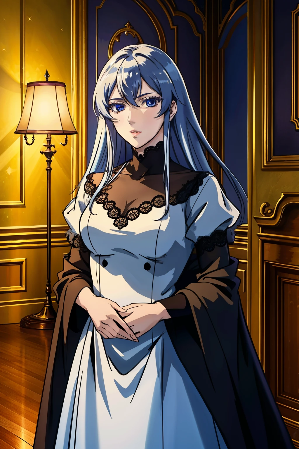 Esdeath,8K HD,party,ball dance,shining eyes,ice dress,hall with people talking in the background,(best quality,8K,highres,masterpiece:1.2),ultra-detailed,realistic, HDR,UHD,studio lighting,ultra-fine painting,sharp focus,vivid colors,portraits,sparkling color tones,soft and warm lighting