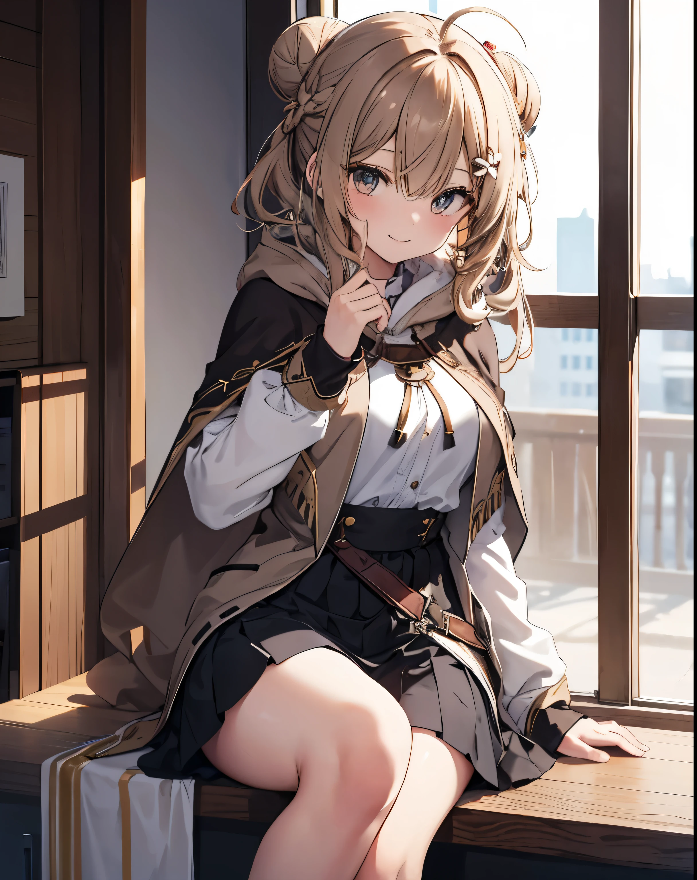 masterpiece,1girl, sparrow, a light brown haired girl, wearing a priestess uniform, curly long hair, messy hair, black skirt, slim body, wearing brown capelet with white hoody, medium breasts, she close her left eye, shirt ornament, ppai, seductive expression, beautiful breasts, rounded breasts, crimson eyes, dress, miniskirt, sit at window, ahoge, she wearing her hoody, hair bun, seductive smile