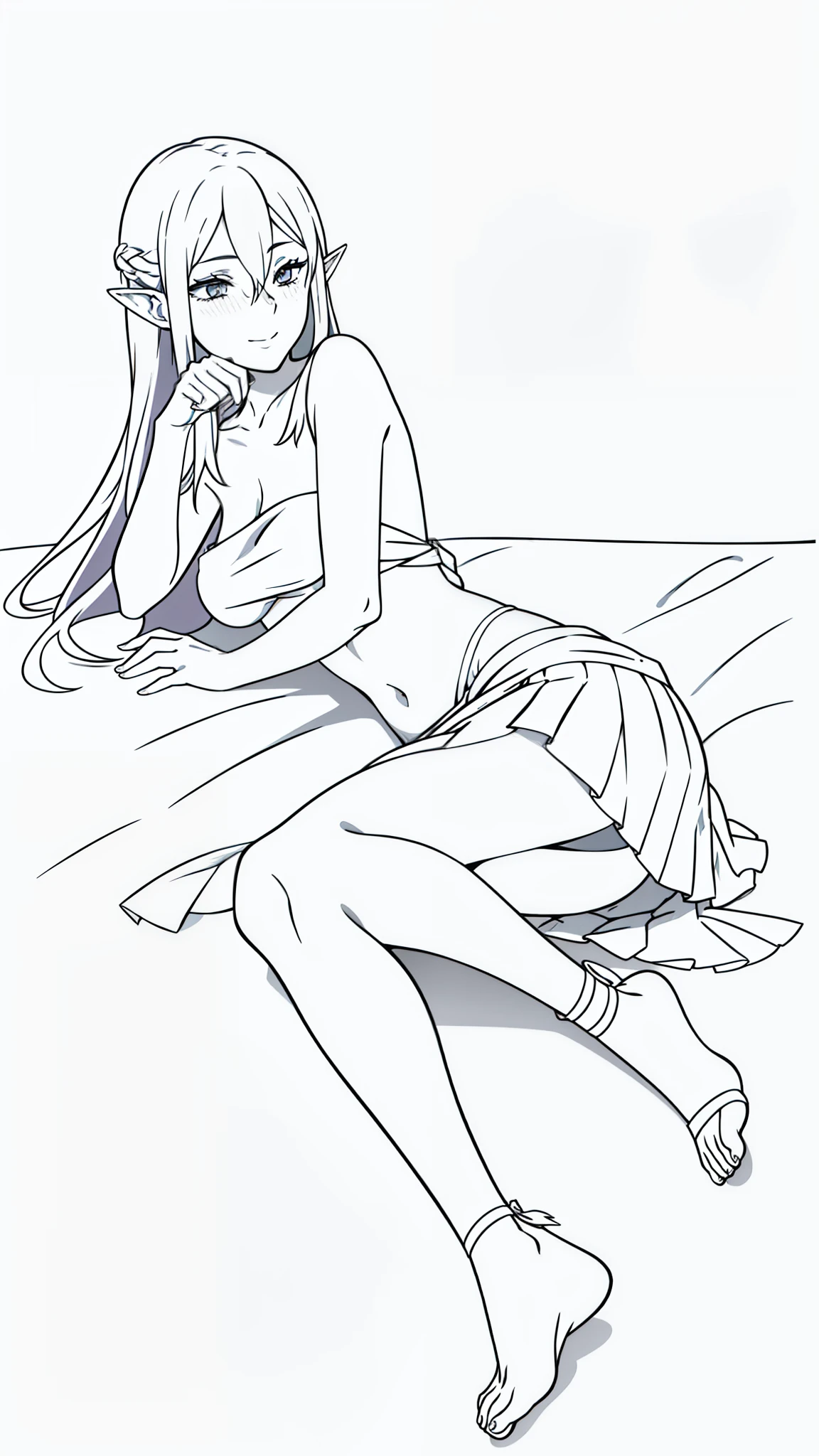 ((1 girl,20 years old,mature female)),long hair,solo,white hair,long hair,(((white skin,pale skin,colored skin))),(((hair over one eye))),((naked bandage,white pleated mini skirt)),elf ear,(sensual expression,blush,smile,sexy)),bare belly,(white background,line drawing),sensual pose,((lying down))