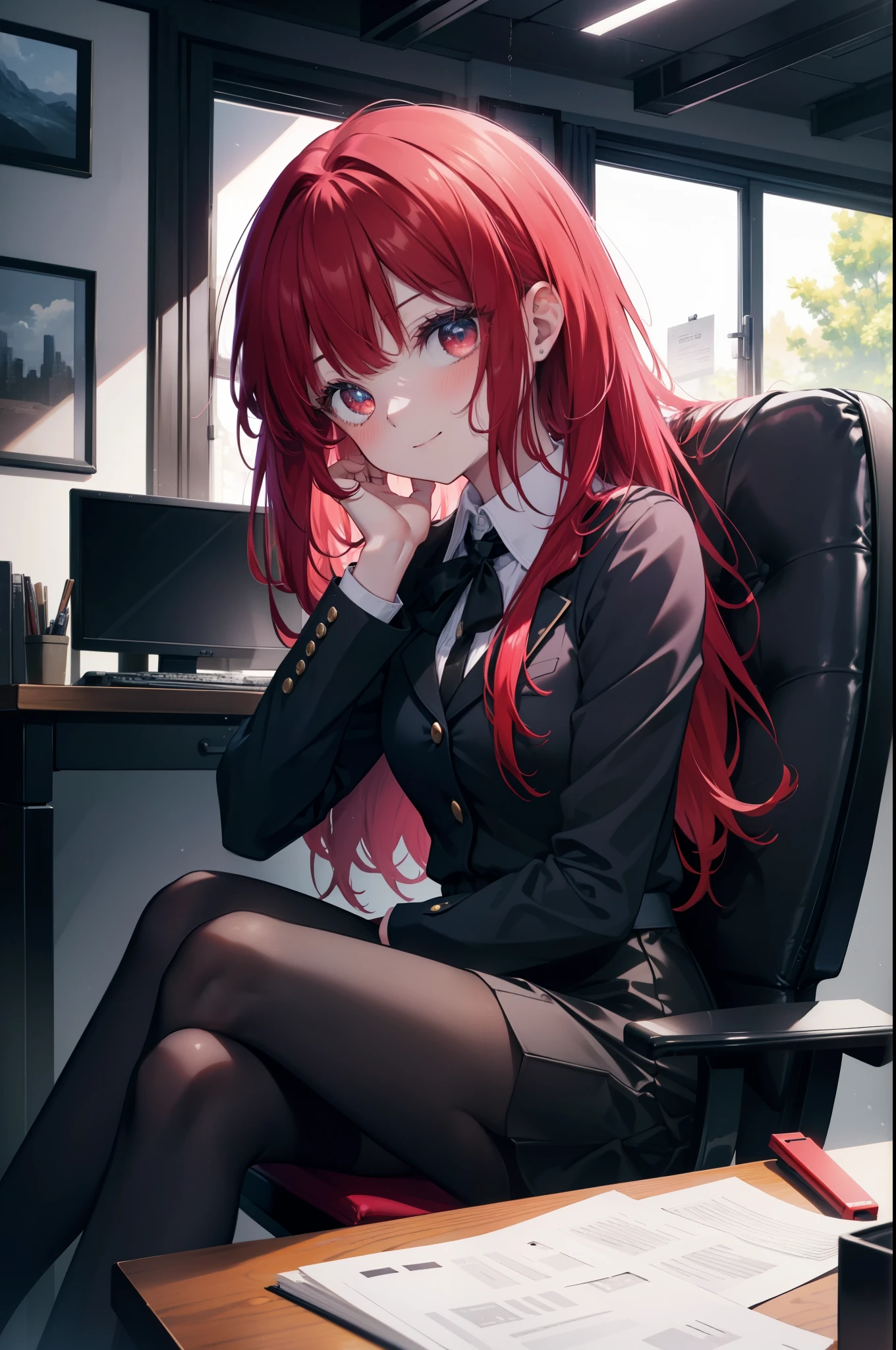 canary, when he plows, (red eyes:1.5), redhead, long hair,
black suit jacket, collared jacket, white dress shirt, collared shirt, neckline, button, strap, ID card on neck, black pencil skirt, black pantyhose,stiletto heels smile, blush, looking at the viewer, Charm, Mechanical,There is a computer on the table,sitting cross-legged on a chair, interior,touch typing ,
break looking at viewer,
break indoors, office,
break (masterpiece:1.2), highest quality, High resolution, unity 8k wallpaper, (figure:0.8), (detailed and beautiful eyes:1.6), highly detailed face, perfect lighting, Very detailed CG, (perfect hands, perfect anatomy),