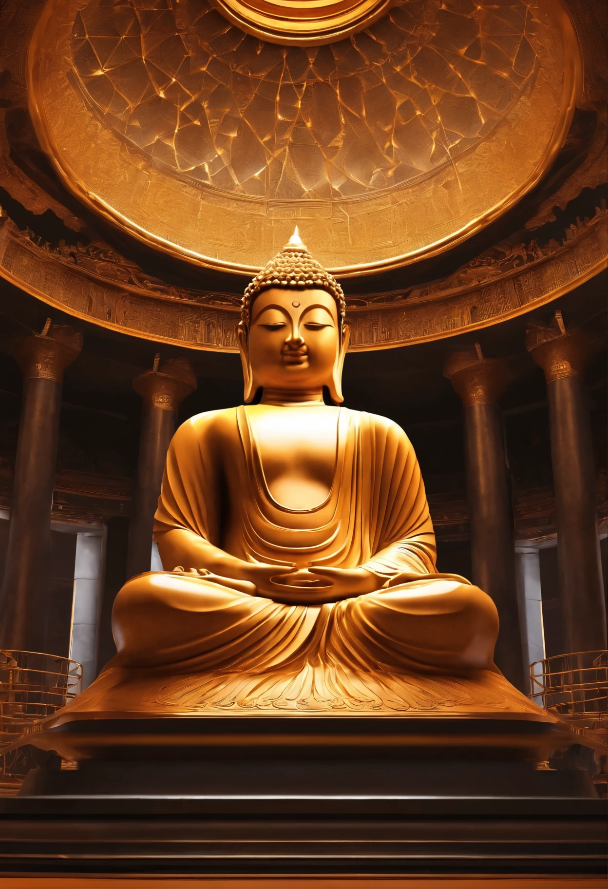 Tyndall's principles of light and shadow art,future buddha,temple,rotunda,Realistic hyper-detailed rendering,32k uhd,dark orange and light gold,Futuristic space escape,system art style,Symmetrical balance,spectacular backdrops,RTX technology,Augmented Reality,RTX VSR video super-resolution technology