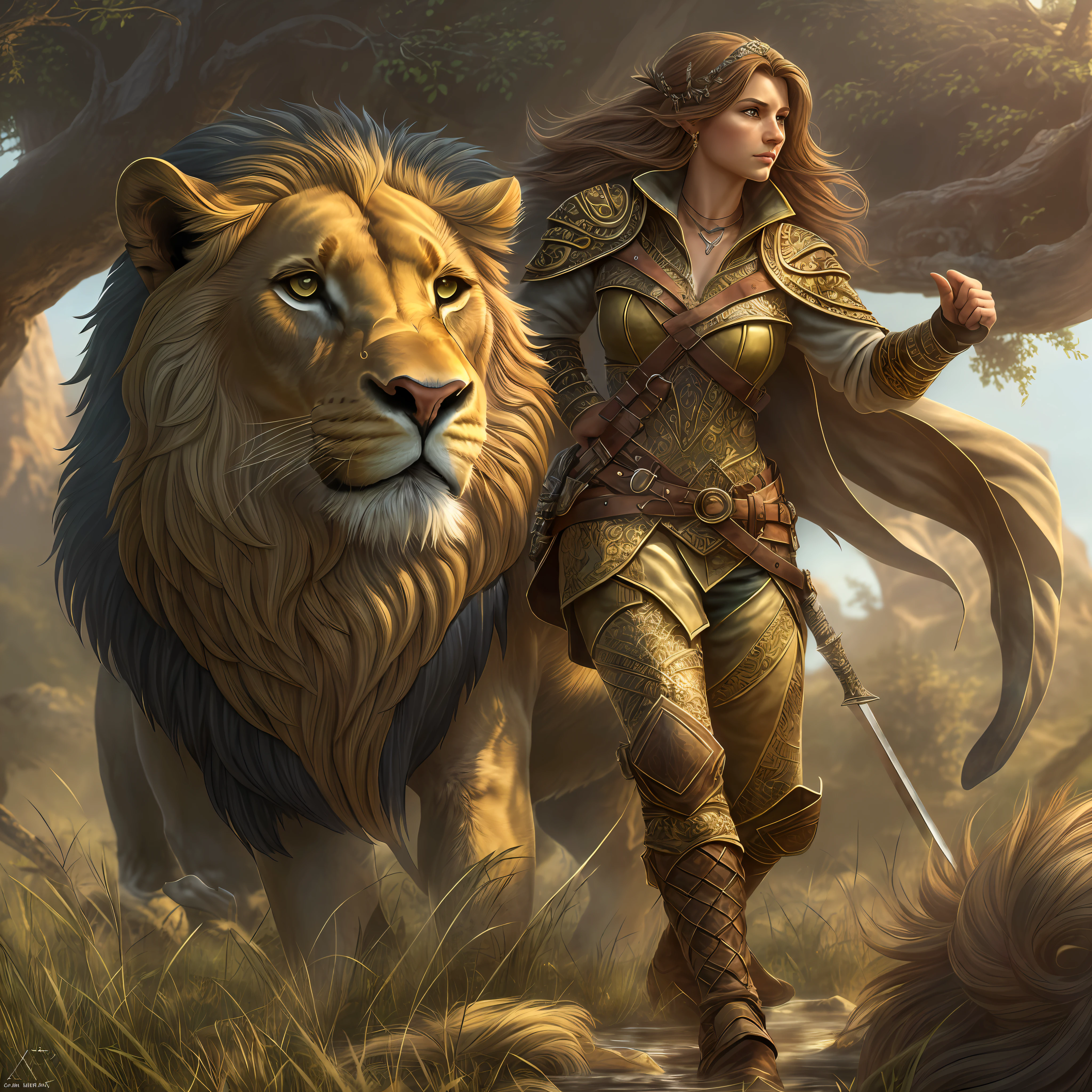 high details, best quality, 8k, [ultra detailed], masterpiece, best quality, (extremely detailed), dynamic angle, ultra wide shot, RAW, photorealistic, fantasy art, dnd art, rpg art, realistic art, a wide angle picture of a female human ranger and her pet lion, warrior of nature, fighter of nature, full body, [[anatomically correct]]. dynamic position (1.5 intricate details, Masterpiece, best quality) talking to a lion (1.6 intricate details, Masterpiece, best quality) in graaslands (1.5 intricate details, Masterpiece, best quality), a female  wearing leather clothes (1.4 intricate details, Masterpiece, best quality), leather boots, thick hair, long hair, dynamic hair, tan skin intense eyes, grasslands background (intense details), a stream flowing in the backgraound (1.4 intricate details, Masterpiece, best quality), dawn light, clouds (1.4 intricate details, Masterpiece, best quality), dynamic angle, (1.4 intricate details, Masterpiece, best quality) 3D rendering, high details, best quality, highres, ultra wide angle