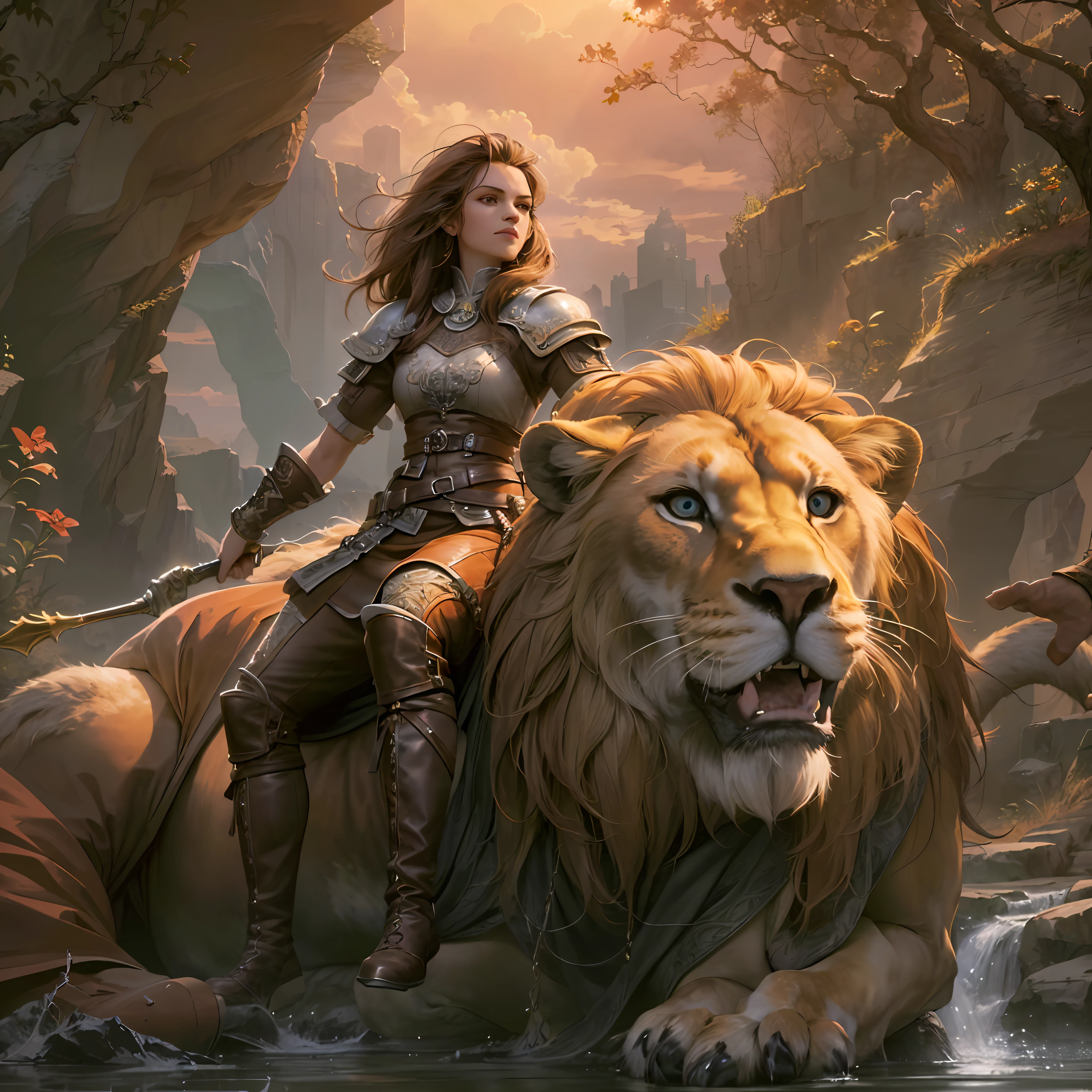 Detalhes altos, melhor qualidade, 8K, [ultra detalhado], obra de arte, melhor qualidade, (extremamente detalhado), dynamic angle, foto ultra ampla, CRU, fotorrealista, arte de fantasia, arte, arte de RPG, arte realista, A wide-angle image of a female human ranger and her pet lion, guerreiro da natureza, lutador da natureza, Corpo todo, [[anatomicamente correto]]. dynamic position (1.5 detalhes intrincados, obra de arte, melhor qualidade) Talking to a Lion (1.6 detalhes intrincados, obra de arte, melhor qualidade) em Graaslands (1.5 detalhes intrincados, obra de arte, melhor qualidade), uma mulher vestindo roupas de couro (1.4 detalhes intrincados, obra de arte, melhor qualidade), botas de couro, cabelo grosso, cabelo longo, Dynamic hair, pele bronzeada olhos intensos, fundo de pastagens (detalhes intensos), um riacho fluindo no fundo (1.4 detalhes intrincados, obra de arte, melhor qualidade), Luz do amanhecer, nuvens (1.4 detalhes intrincados, obra de arte, melhor qualidade), dynamic angle, (1.4 detalhes intrincados, obra de arte, melhor qualidade) 3d rendering, Detalhes altos, melhor qualidade, high resolution, ultra grande angular