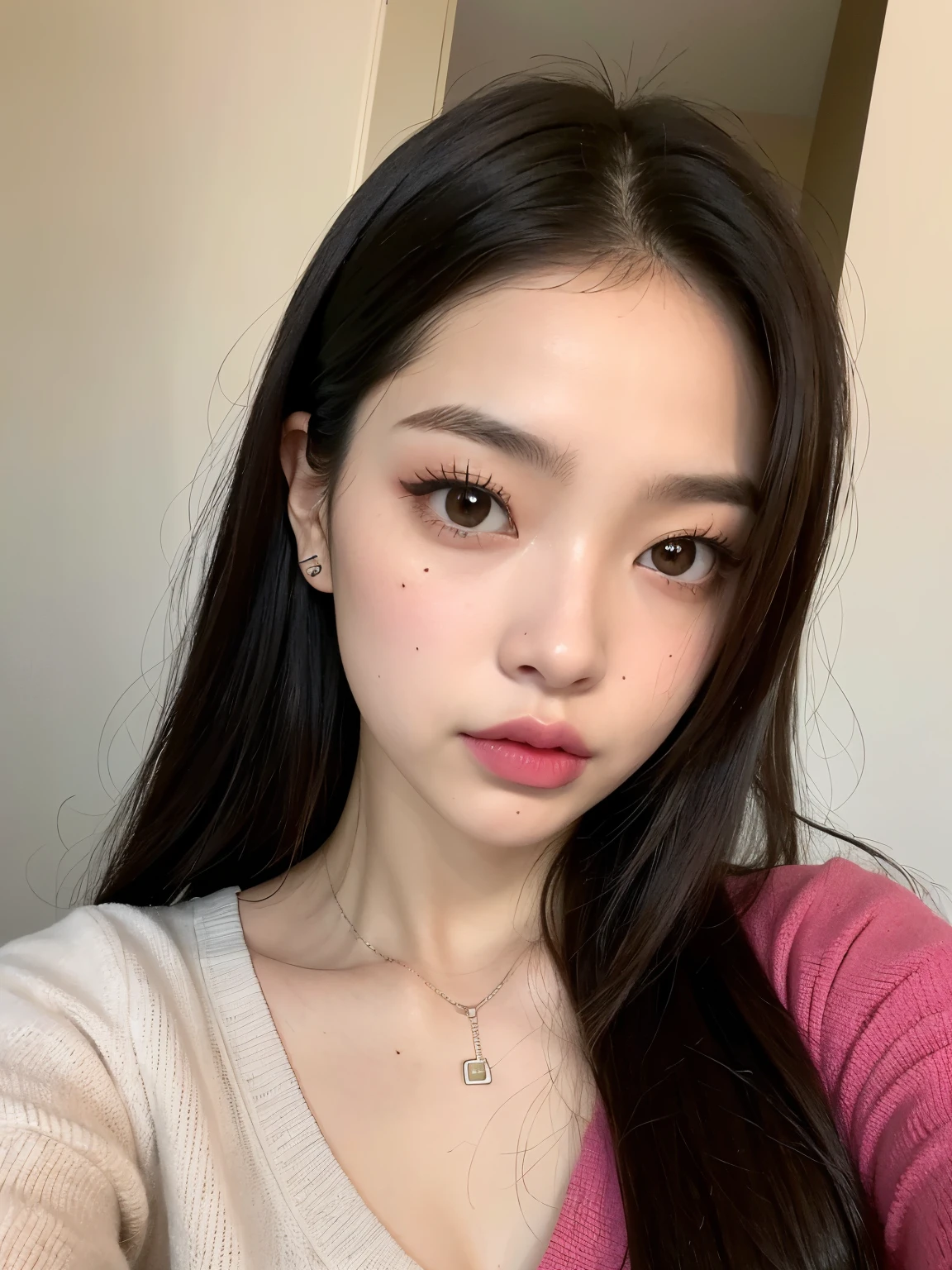 Kim Jennie de blackpink con el cabello rubio claro, cabello rubio con ondulado, cabello de color rubio ondulado, with small fringes, ojos color negro, nariz respingada y bonita, labios gruesos, Cupid and heart shaped lips...., labios rosas, pale, piel blanca, piel bonita y suave, con pecas y lunares, cejas bonitas, marked and beautiful clavicle, mientras tiene un polo con rosas color rojo tinto, rojo oscuro, con ropa interior femenina, con un short corto, short bonito y corto, abdomen delgado y bonito, escote desnudo, (pechos grandes, pechos suaves, pechos naturales, escote desnudo), mientras agarra una rosa,  mirando a la camara, autofoto