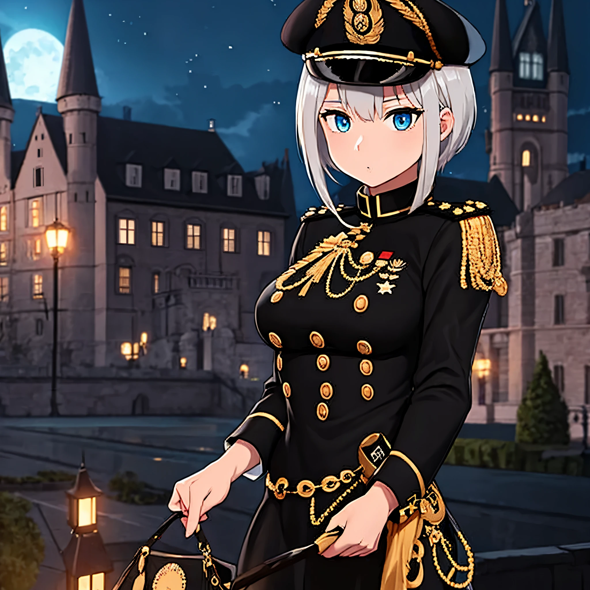 A girl wearing a Prussian military uniform, black with gold details, black military hat, silver hair, light blue eyes, outside a German castle at night.
