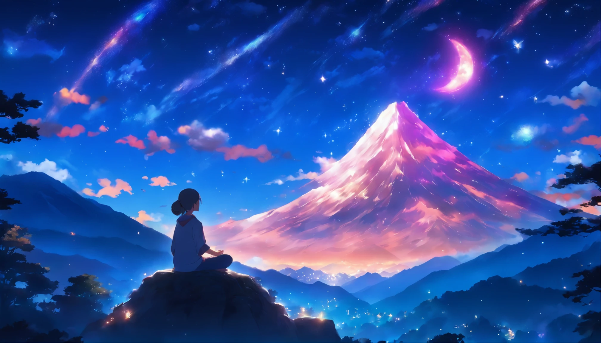 While looking at the starry sky with the mountain top in the background、Girl meditating on Kasu at night