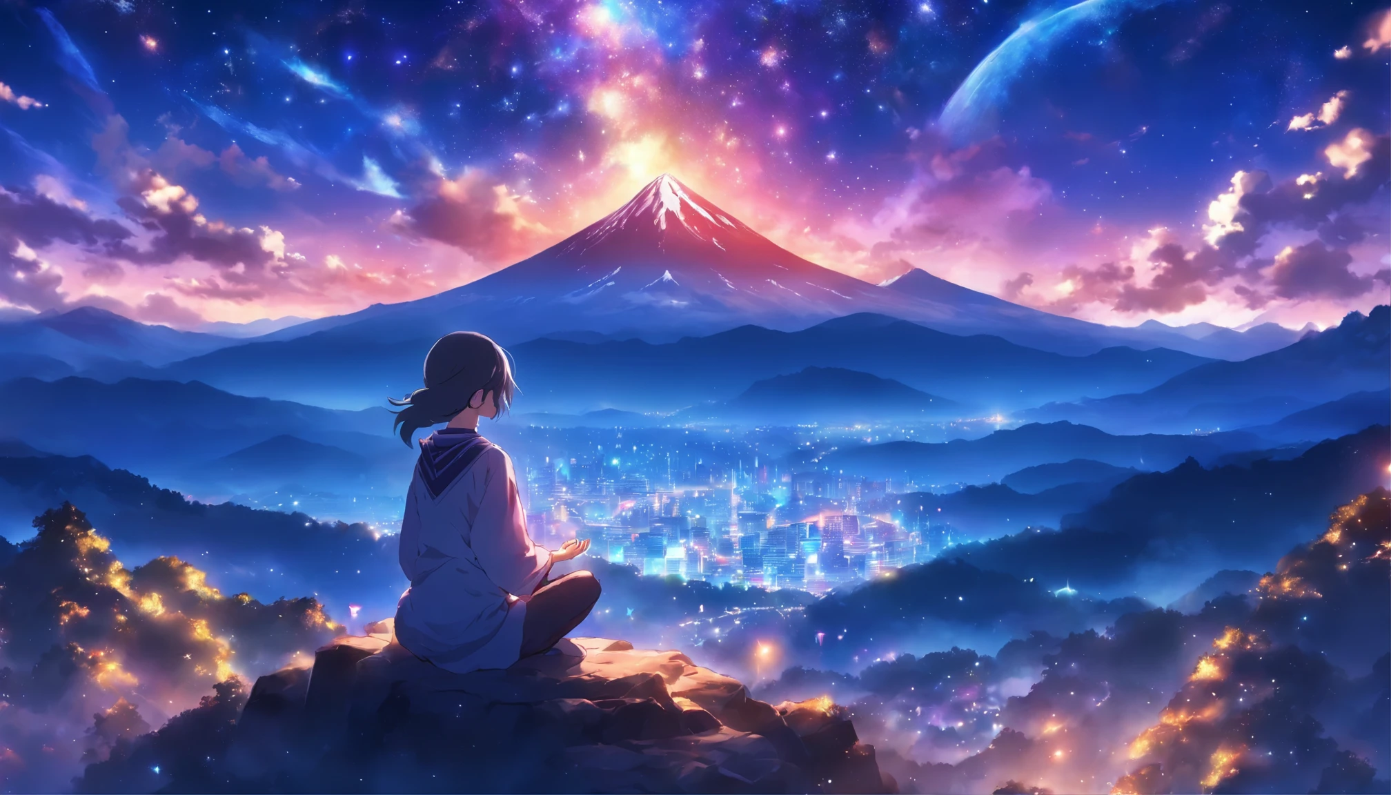 While looking at the starry sky with the mountain top in the background、Girl meditating on Kasu at night
