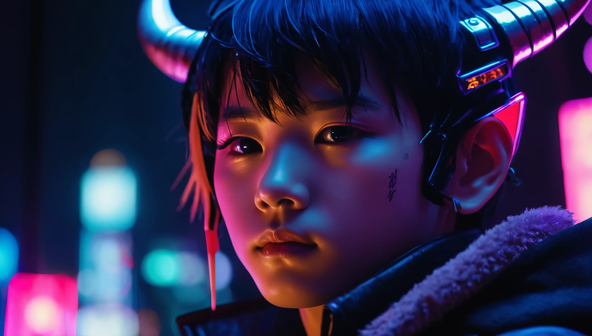 close-up portrait cinematic photo of a beautiful cyberpunk live action version o ICO main character a young boy named Ico who was born with horns with neon lights in a futuristic Japan, Photo at eye level, .35mm photography, film, Bokeh, dark, dystopian, screencap, professional, 4k, highly detailed, wallpaper