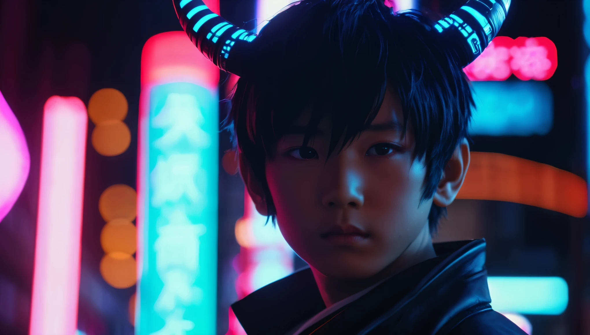 close-up portrait cinematic photo of a beautiful cyberpunk live action version o ICO main character a young boy named Ico who was born with horns with neon lights in a futuristic Japan, Photo at eye level, .35mm photography, film, Bokeh, dark, dystopian, screencap, professional, 4k, highly detailed, wallpaper