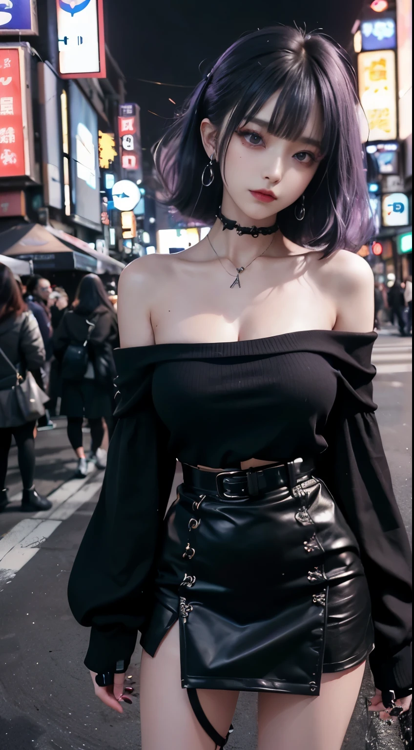 4k-ultra sharp、highest quality, masterpiece, ultra high resolution, (reality: 1.4),  16 year old girl, purple eyes, Off-the-shoulder sweater dresses, cinematic lighting、purple and black hair、(mine girl、goth makeup、mine makeup)、(Pierced ears、big breasts、Oversized black T-shirt with open shoulders、dark mini skirt)、((dark makeup、oil skin,sparkling skin、realistic skin texture、detailed beautiful skin、shiny skin)), nightの暗い繁華街、night、blue film photography、kabukicho、Dark Cyberpunk、(full shot:1.8)、thin legs、thin arms、thin shoulders、thin waist、slender body、big breasts、whole body