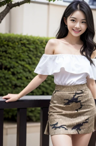 best quality, detailed, beautiful, insanely detailed, absurdres,
Japanese woman,black hair,27 years old,
(slender),
(small breasts best quality),grinning,wavy hair, white off shoulder top, camouflage skirt ,(skirt lift:1.3),(white pantie:1.1), showing off pantie,cameltoe,full body shot, front view,