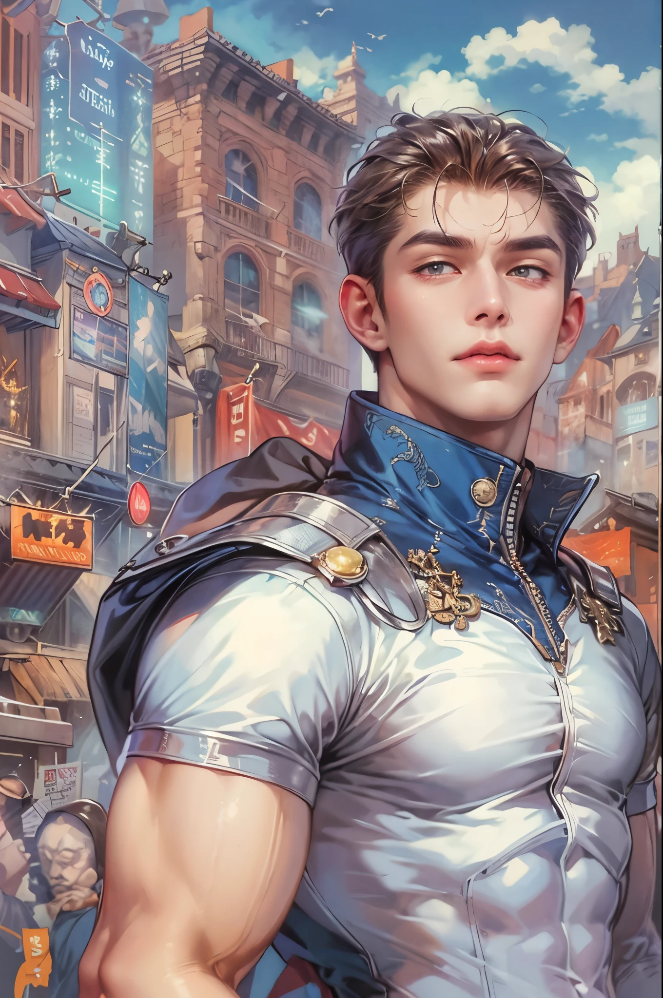 ((Best quality)), ((masterpiece)), (detailed), ((perfect face)), ((halfbody)) handsome face, male, teen boy,  perfect proportions , a male character hero from marvel vs capcom arcade game, detailed town background, detailed scenery background 