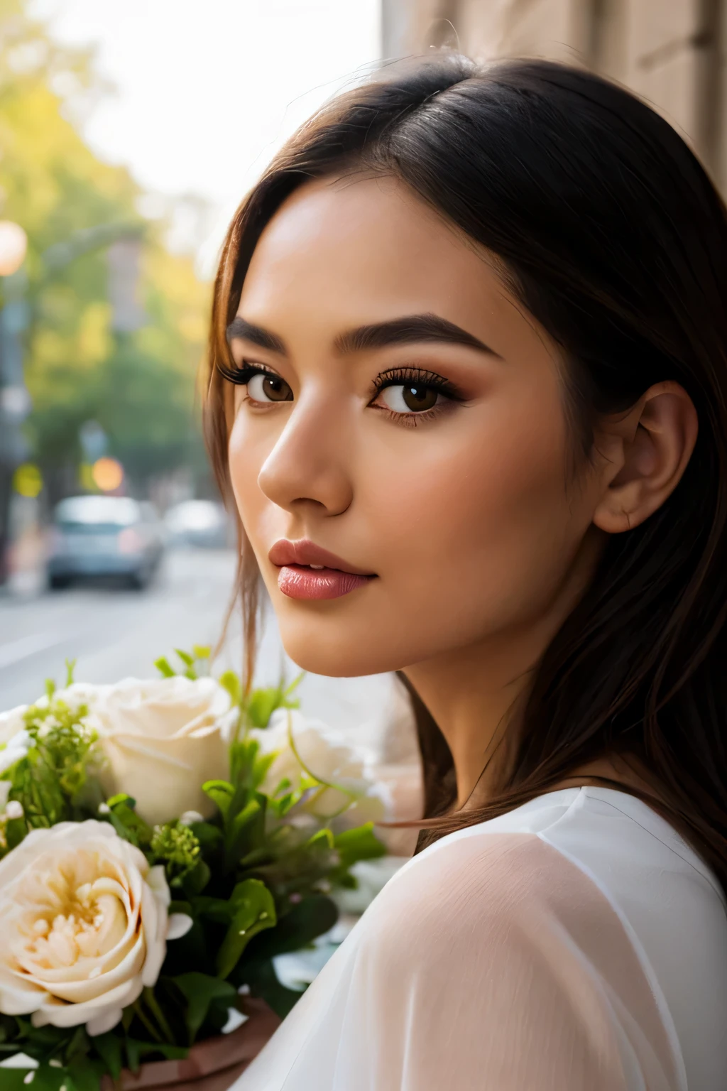 (a very detailed face:1.4), hyperrealistic ,realistic texture, photo of a well-groomed very beautiful Kazakh girl, in an evening dress with a bouquet of flowers, European appearance, natural beauty, neat beautiful lips, mole on her neck, 23 years old, student, chest size 3, black hair, black perfect eyes, white T-shirt, slender figure, natural lighting, a little makeup, the most realistic photo,