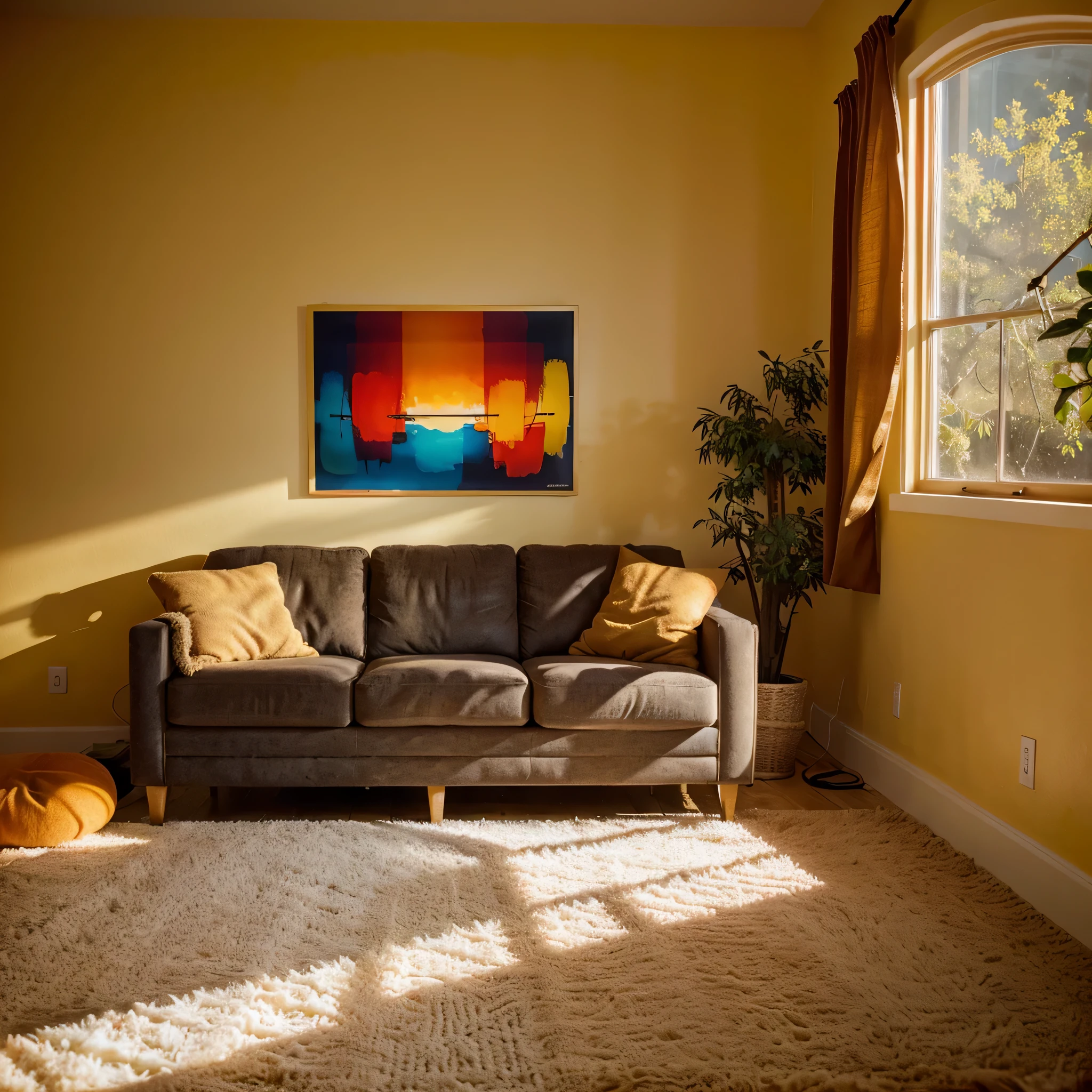Create an abstract composition evoking nostalgia, utilizing a vibrant color palette inspired by the warmth of a cozy, sunlit room filled with cherished memories