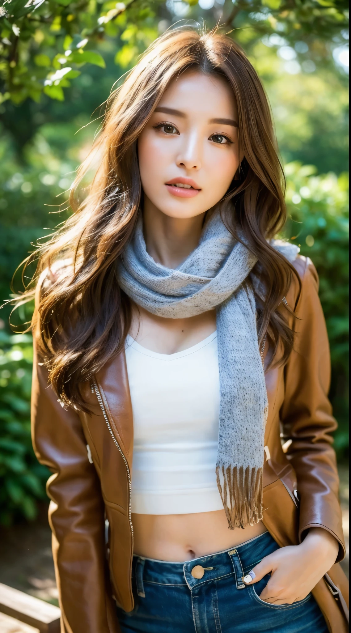 ((highest quality, 8k, masterpiece :1.3)), sharp focus :1.2, beautiful woman with perfect figure :1.4, thin abs :1.2, ((light brown hair,normal chest :1.2)), gray background:1.2, Highly detailed face and skin texture, fine eyes, double eyelid,fashion model pose,cowboy shot,winter jacket、forgot to put on pants,sunlight filtering through the trees,(wearing a scarf around the neck.)