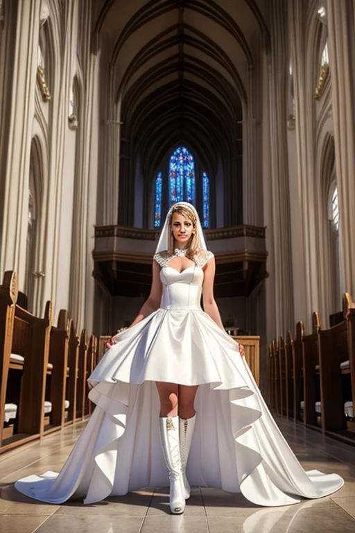 hot beautiful white woman in white pvc wedding dress, patent white boots, photo shoot bob Carlosclarke-v1.1 in a church, sexually provocative