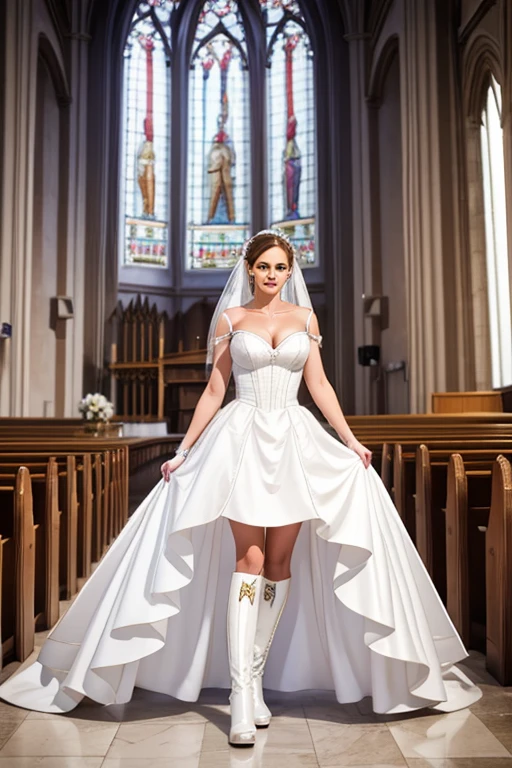 hot beautiful white woman in white pvc wedding dress, patent white boots, photo shoot bob Carlosclarke-v1.1 in a church, sexually provocative 