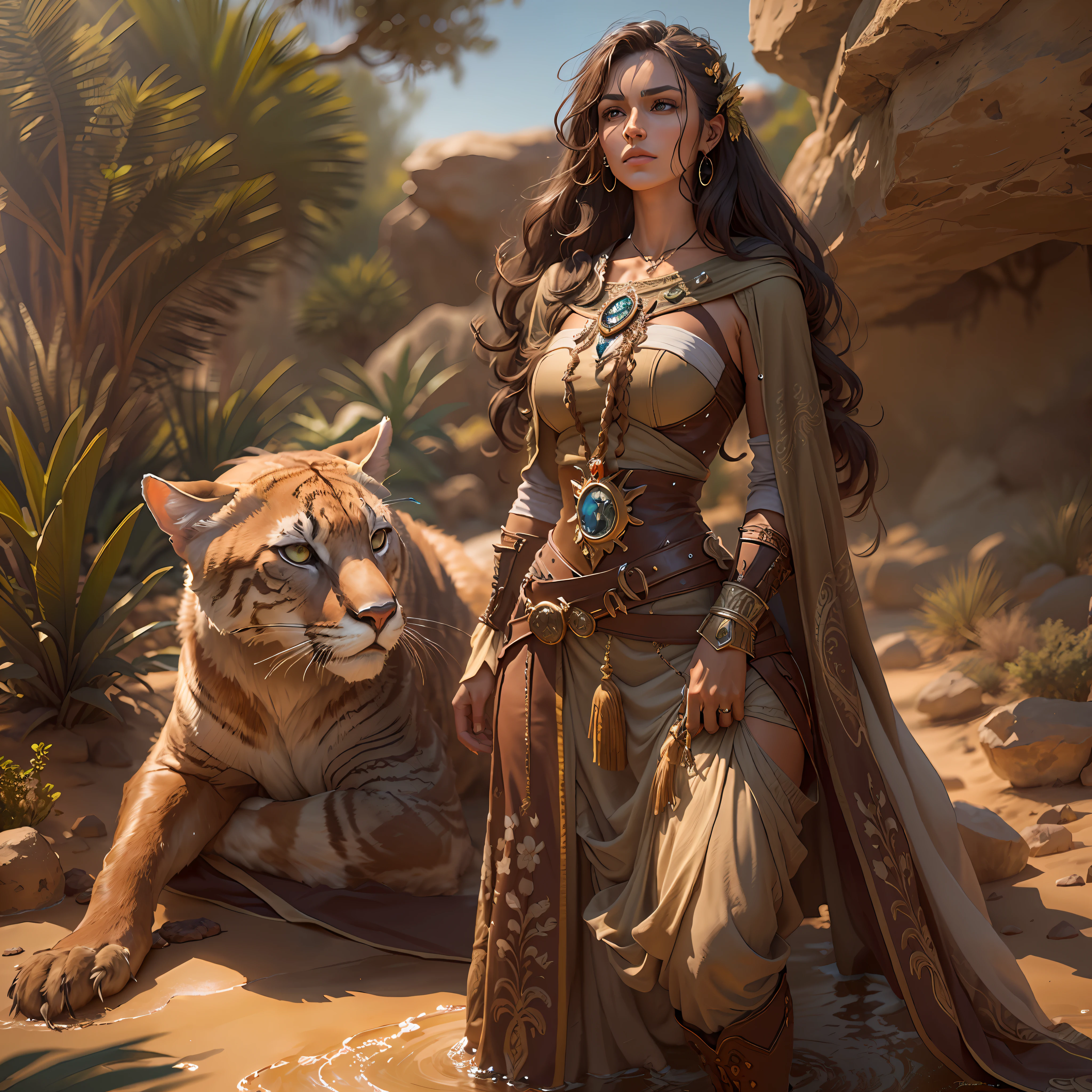 Detalhes altos, melhor qualidade, 8K, [ultra detalhado], obra de arte, melhor qualidade, (extremamente detalhado), dynamic angle, foto ultra ampla, CRU, fotorrealista, arte de fantasia, arte, arte de RPG, arte realista, a wide-angle image of a human druid and her pet cougar, sacerdote da natureza, Nature Cleric, Corpo todo, [[anatomicamente correto]]. dynamic position (1.5 detalhes intrincados, obra de arte, melhor qualidade) conversando com um puma do deserto (1.6 detalhes intrincados, obra de arte, melhor qualidade) no deserto (1.5 detalhes intrincados, obra de arte, melhor qualidade), uma mulher vestindo roupas de couro (1.4 detalhes intrincados, obra de arte, melhor qualidade), botas de couro, cabelo grosso, cabelo longo, cabelo castanho, pele bronzeada olhos castanhos intensos, Fundo do deserto (detalhes intensos), a stream flowing into an oasis (1.4 detalhes intrincados, obra de arte, melhor qualidade), noite, luz da lua, estrelas (1.4 detalhes intrincados, obra de arte, melhor qualidade), dynamic angle, (1.4 detalhes intrincados, obra de arte, melhor qualidade) 3d rendering, Detalhes altos, melhor qualidade, high resolution, ultra grande angular