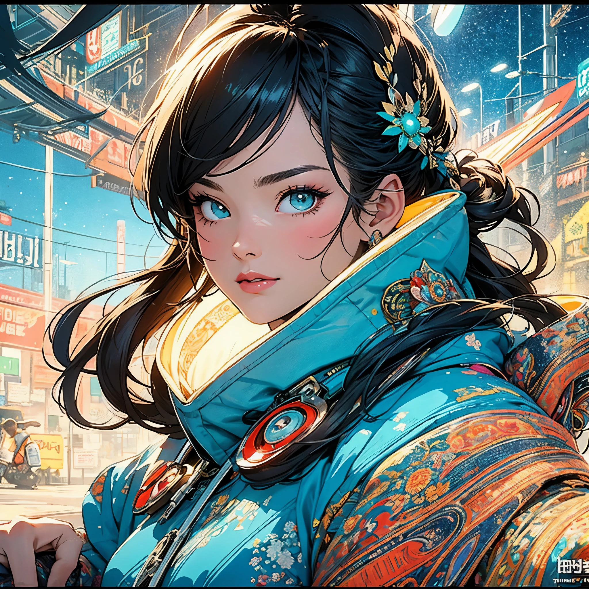 (masterpiece, highest quality), 32K,(highly detailed beautiful woman), poster,SF,1960s,1970s,bauhaus, shape, abstract,movie poster, vintage,retro,futuristic anime,ultimate map,highlight,highly detailed glowing eyes,cleavage,complicated pattern,Stylish hairstyle,turquoise clothes,Starry Sky,