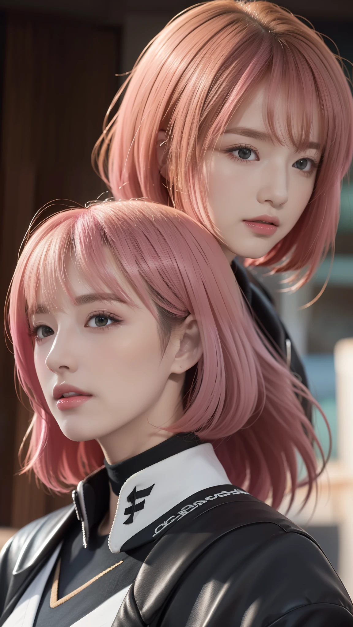 Close-up of two women with pink hair and black jackets, anime realism style, unreal 5. RPG portrait, cgsociety portrait, realistic art style, Smooth anime CG art, Photorealistic anime girl rendering, Realistic anime 3d style, loss draw 1. 0, realistic 3d animation, art germ ; 3d unreal engine, realistic anime art style，The background is space，