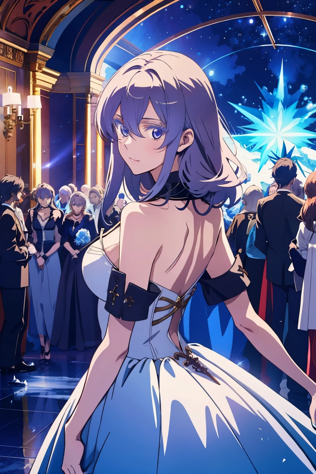 Esdeath, 8K HD, party, ball dance, shining eyes, ice dress, hall with people talking in the background
