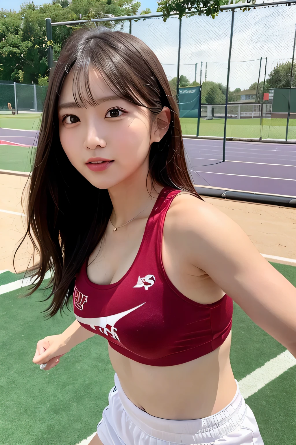 ((highest quality, 8k, masterpiece :1.3)), double eyelid, ((Athletics:1.5, sports:1.2)) ((Athletics:1.5)), cute, big breasts,(running:1.5), beauty, Beautiful woman, beautiful and detailed eyes, professional lighting, Simple red tank top,(Athletics:1.5), stretch, playground