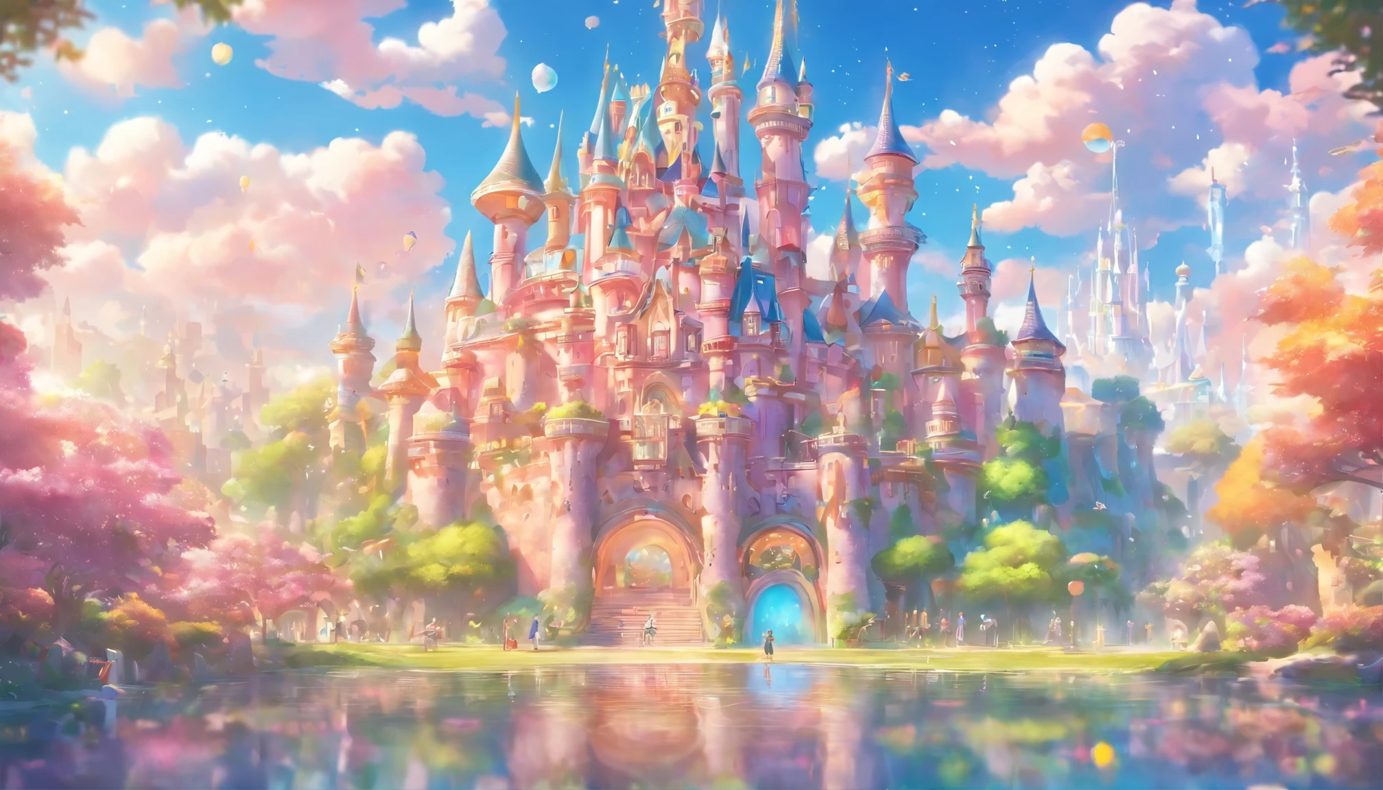 amusement park、big pink castle、Large Ferris wheel,clear sky、clear air、view from the ground、please clean、Bright colors、Reddish、green grass、yellow、there's pink there、Disneyland、Theme park、amusement park、attraction,highest quality、masterpiece、dream、Playground equipment that looks like fun、weightless world、Clean lighting、A world full of vitality、utopia、Earth、dreamの世界、fantasy、𝓡𝓸𝓶𝓪𝓷𝓽𝓲𝓬、harmonious design and colors、harmony with nature、clean the building、space city、A world far beyond human creation