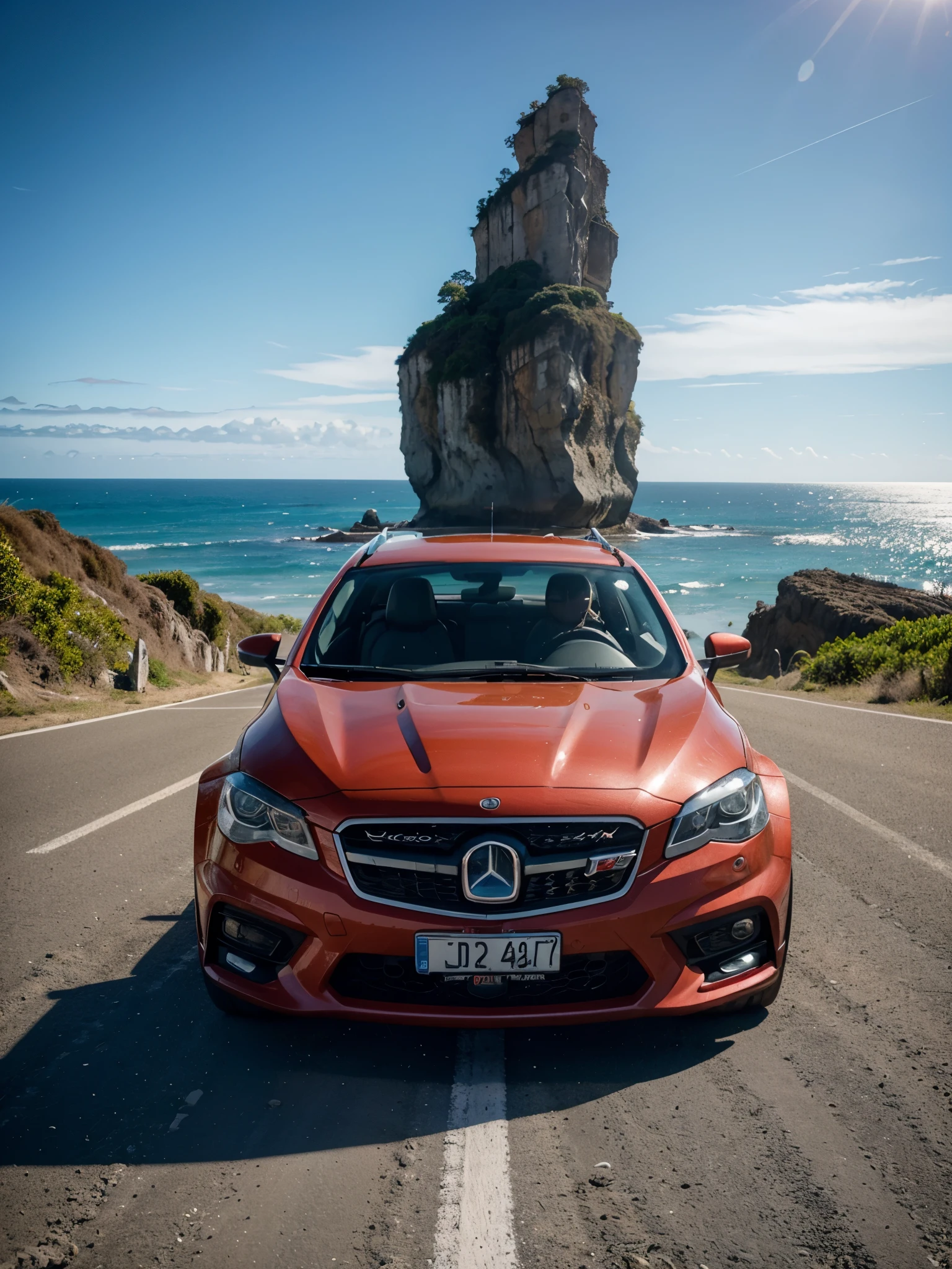 Uma paisagem de cima de uma montanha com visao para o oceano com pequenas ilhas e um carro esportivo parado em cima da montanha