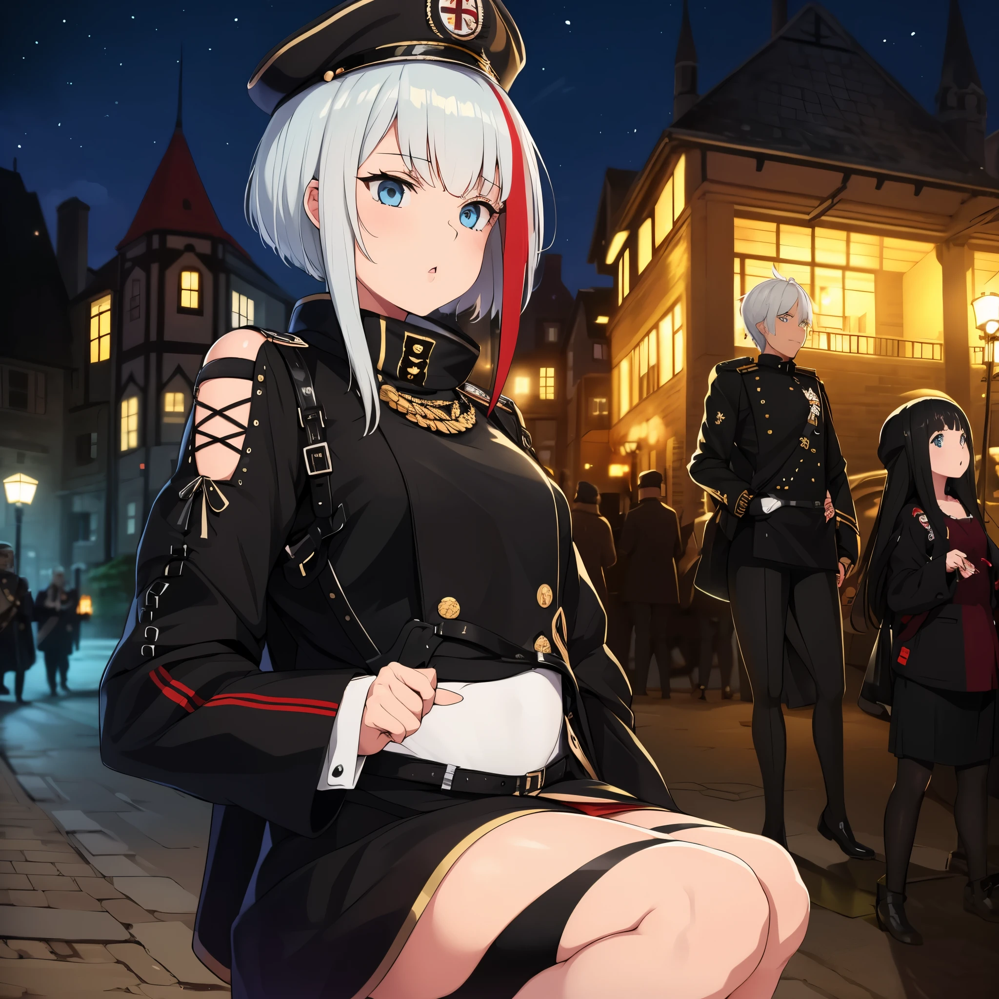 A girl wearing a Prussian military uniform, black with gold details, black military hat, silver hair, light blue eyes, outside a German castle at night.
