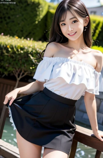 best quality, detailed, beautiful, insanely detailed, absurdres,
Japanese woman,black hair,27 years old,
(slender),
(small breasts best quality),grinning,wavy hair, white off shoulder top, camouflage skirt ,(skirt lift:1.3),(white pantie:1.1), showing off pantie,cameltoe,full body shot, low angle shot,