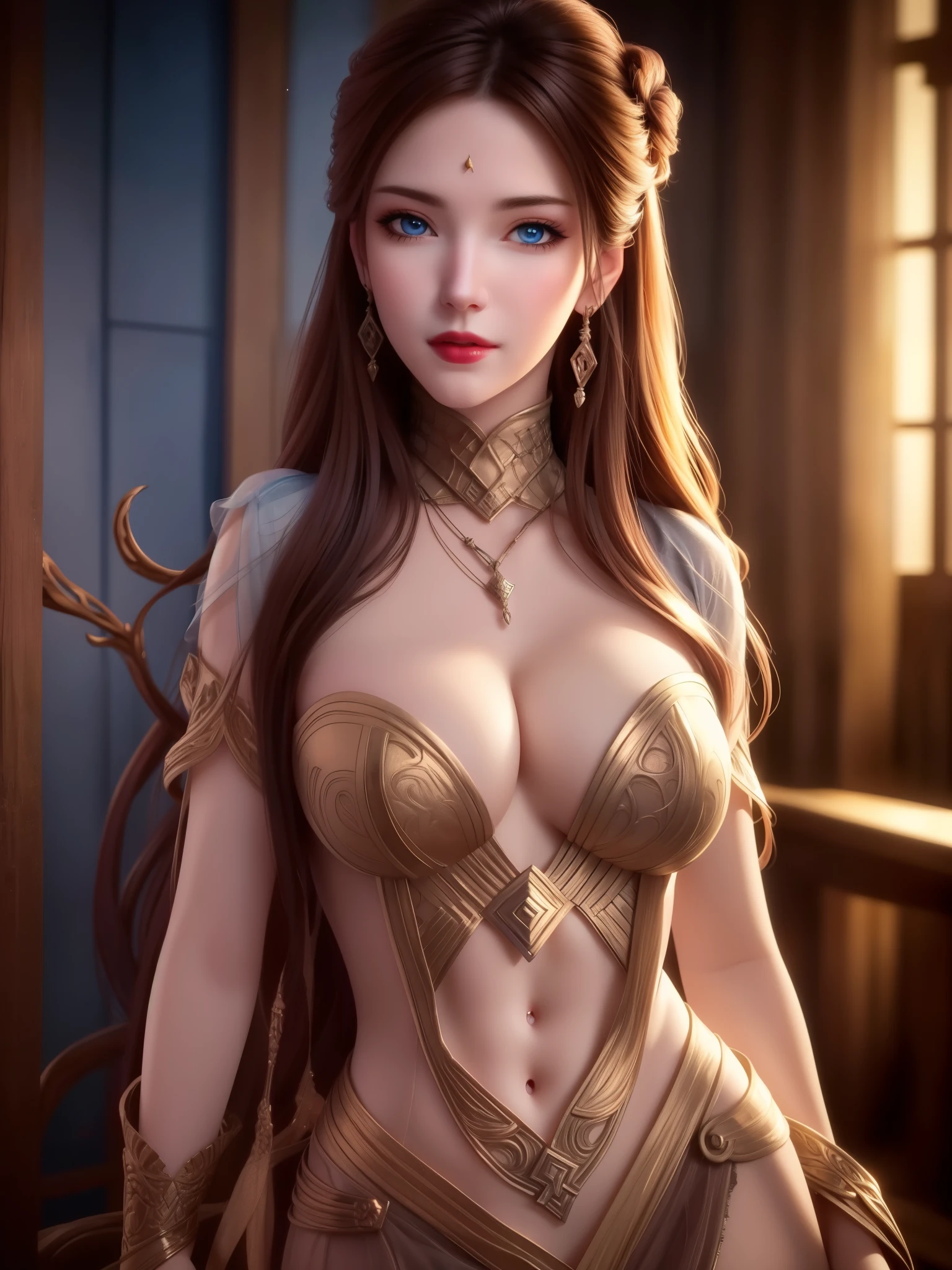 detailed lips, long wavy hair, serpents for hair, fierce expression, pale complexion, mesmerizing gaze, mythical creature, dark and mysterious background, vibrant colors, soft lighting, (hyperrealistic), (illustration), (high resolution), (8K), (extremely detailed), (best illustration), (beautiful detailed eyes), (best quality), (ultra-detailed), (masterpiece), (wallpaper), (photorealistic), (natural light), (detailed face), (high detailed realistic skin texture), (anatomically correct), (solo), (1 girl:1.51), (high detailed realistic hair), (caramel hair:1.35), (heterochromic eyes), (detailed eyes), (blue eyes:1.37), (sparkling eyes), (realistic big breasts:1.5), (slender abs), (dynamic pose), (closed tiny mouth:1.3), (concentrated expression), (upon body from head to thigh:1.33), (light smile:1.32), (dimple:1.31)
