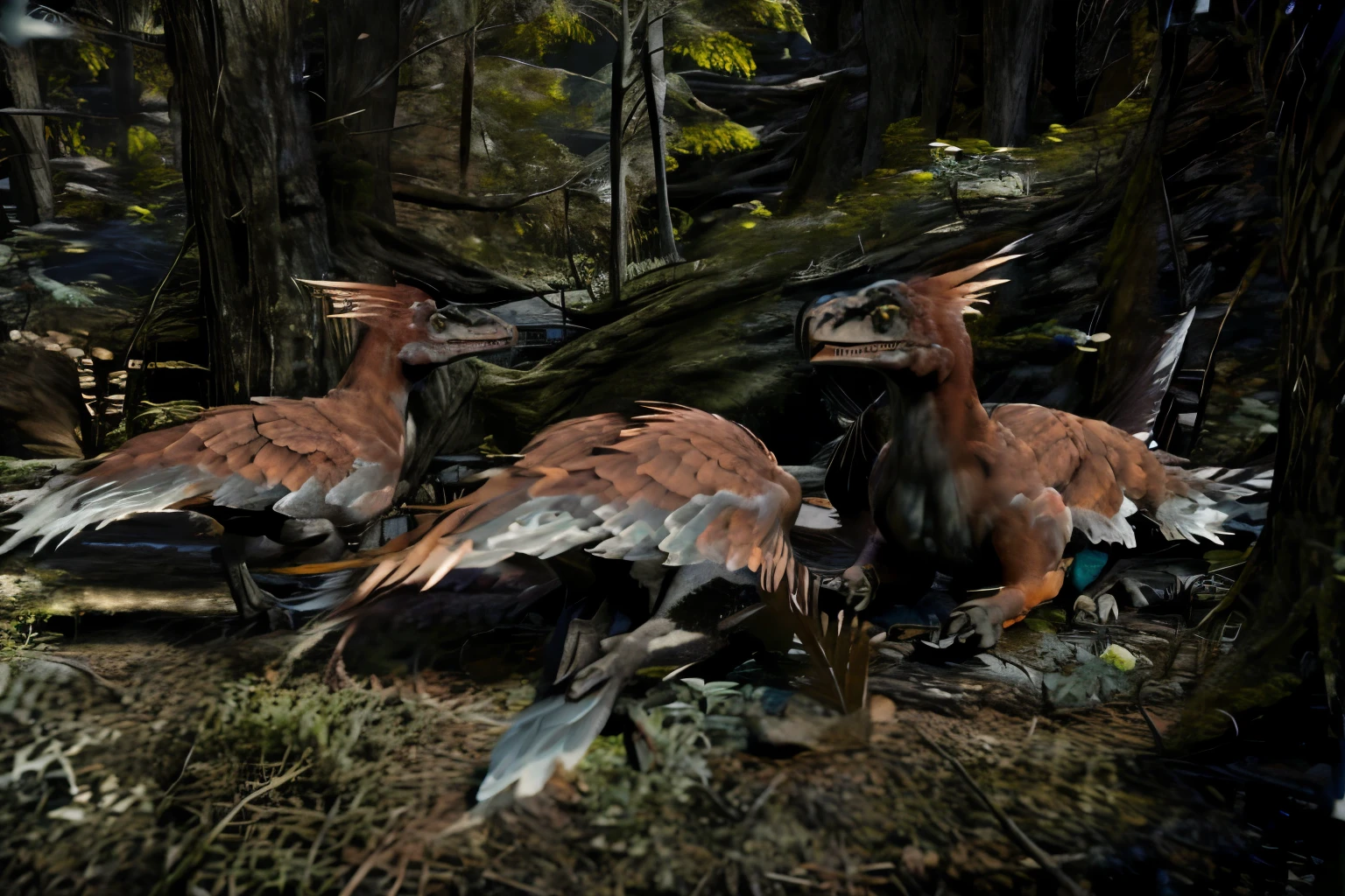 a pack of feathered raptors hunting in a forest, feathered raptors, hunt, dinosaurs, jurassic park, photo realistic, masterpiece, best
